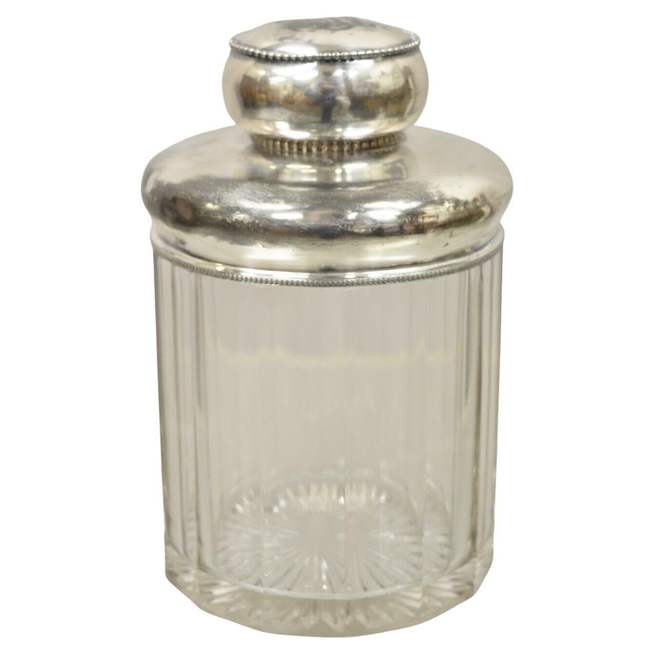 Antique Art Nouveau Silver Plated Lid Cotton Swab Lidded Crystal Vanity Jar