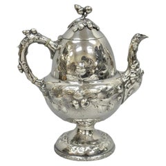 Antique Art Nouveau Silver Plated Nuts & Vines Repousse Tea Pot Tea Kettle