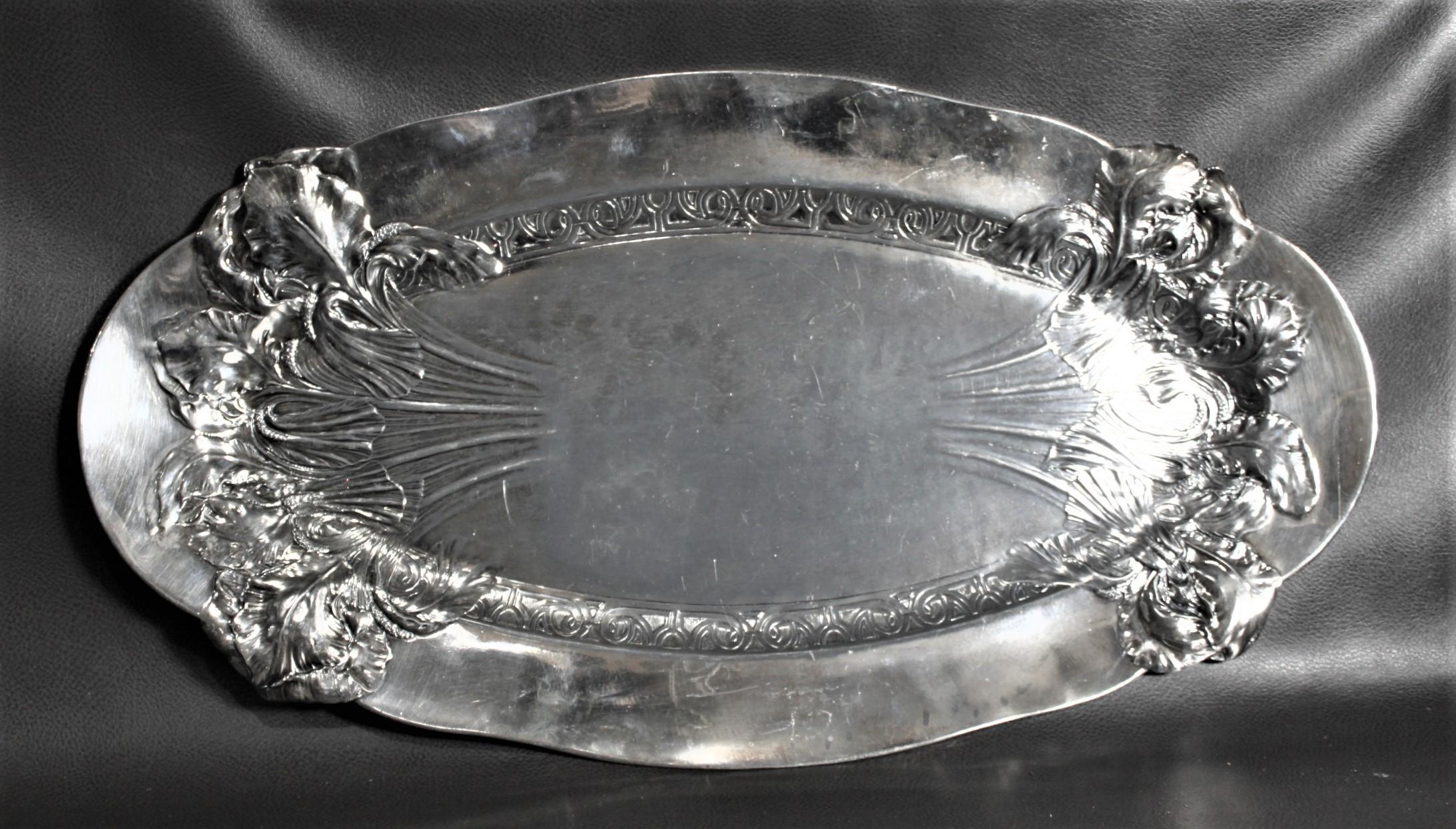Copper Antique Art Nouveau Silver Plated Oval Serving Tray with Raised Floral Motif For Sale