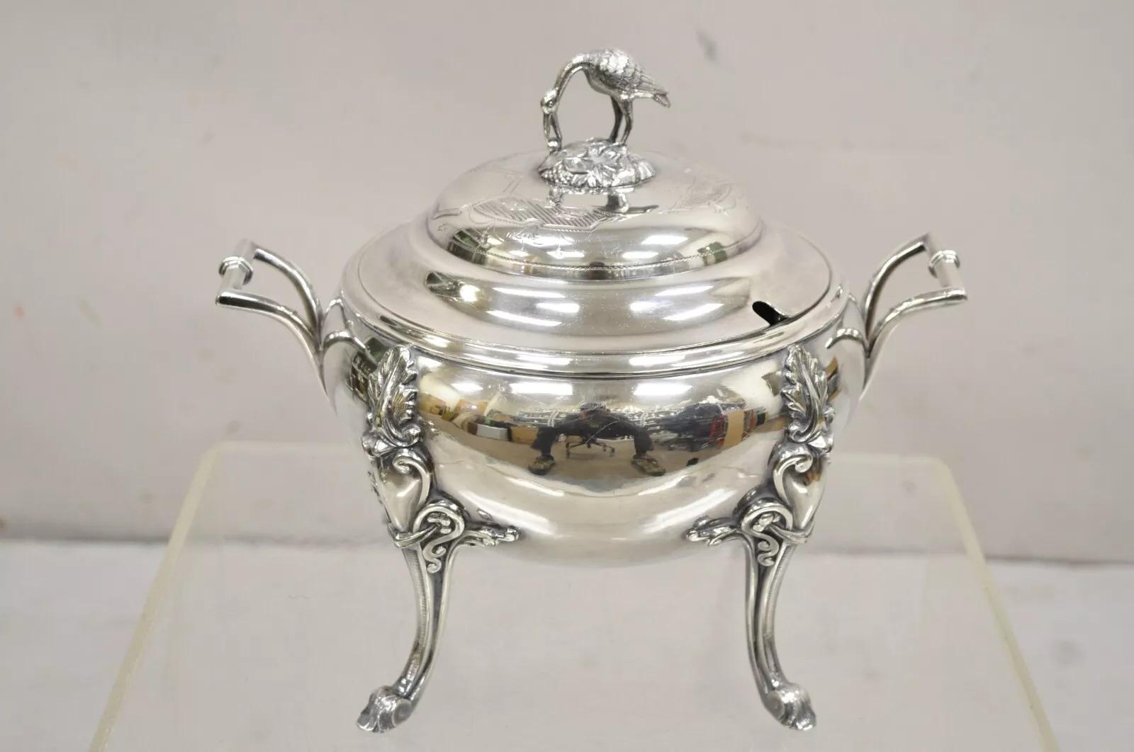 Soupière ancienne en métal argenté Art Nouveau avec anse en forme de Crane en vente 5