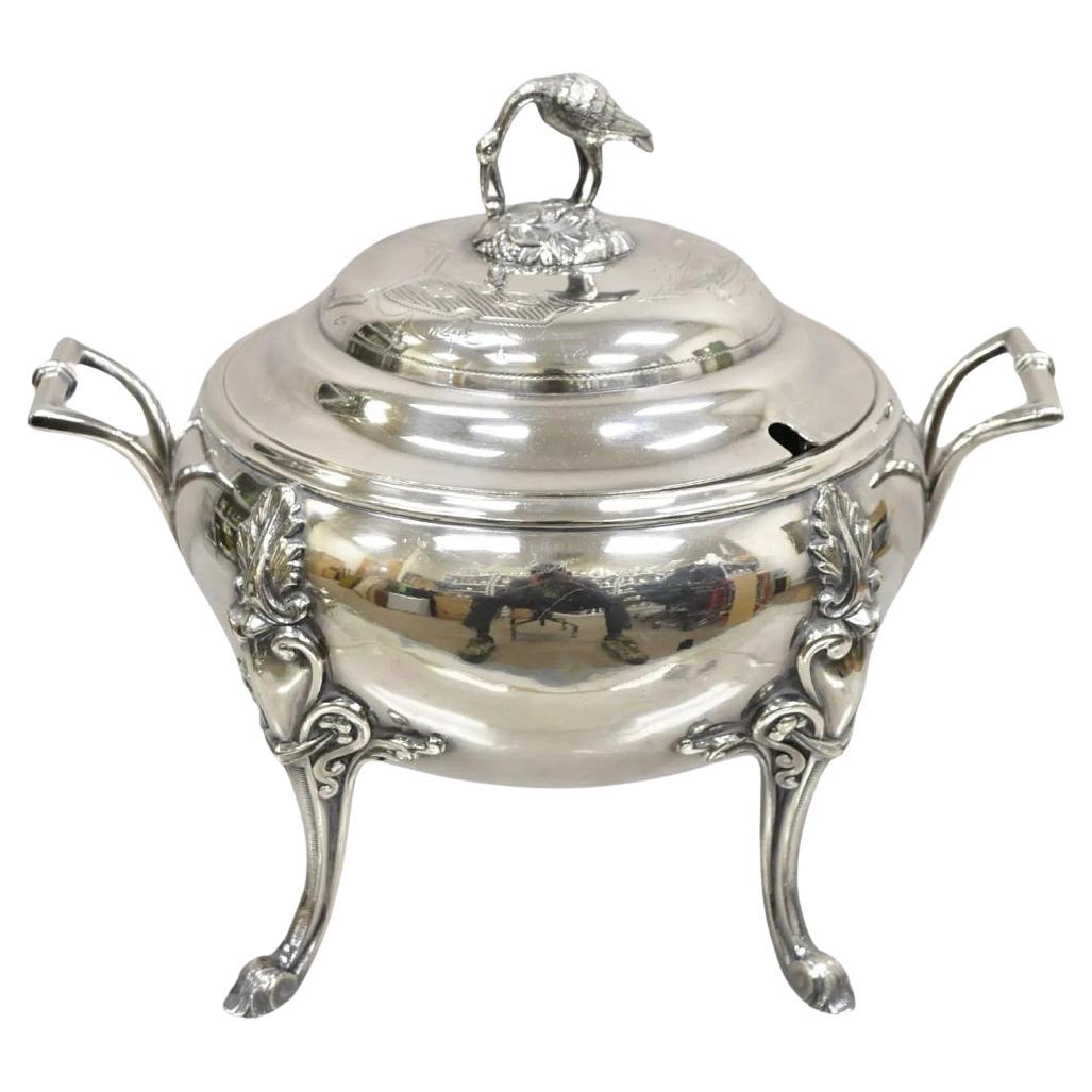 Sopera Antigua Art Nouveau Plateada con Asa de Pájaro Grulla