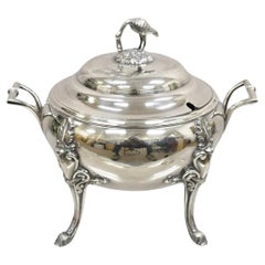 Zuppiera antica in stile Art Nouveau placcata in argento con manico a forma di uccello di gru