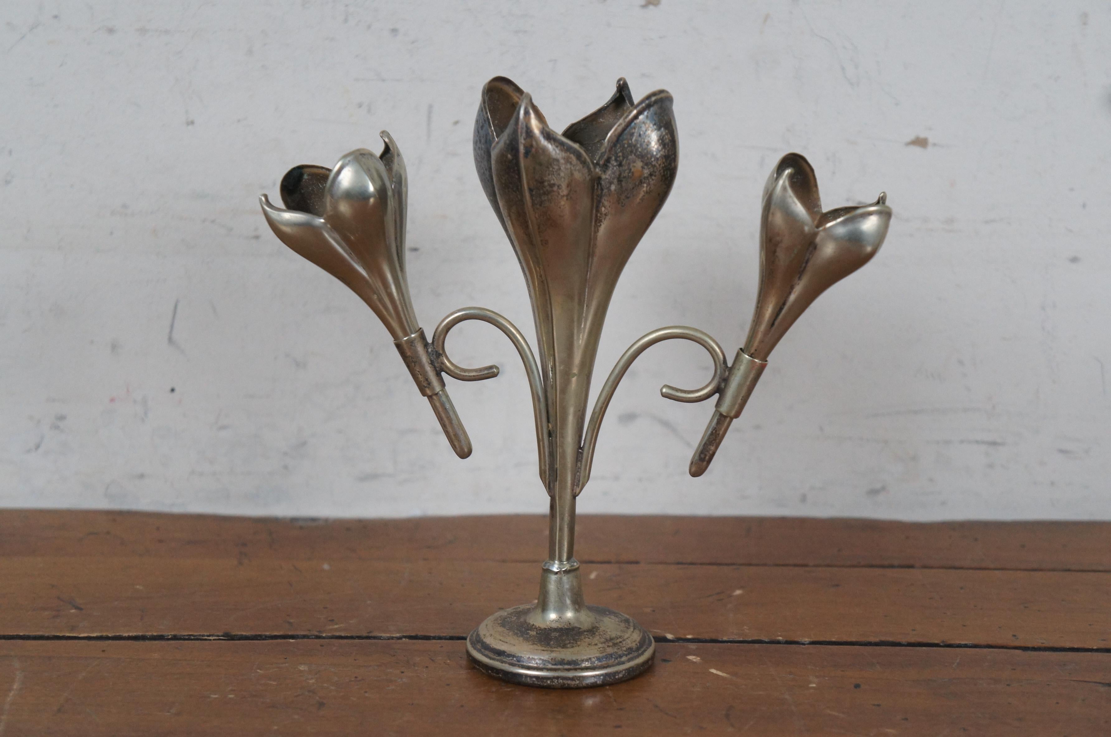 Metal Antique Art Nouveau Silverplate Epergne 4 Trumpet Bud Vase Crocus 8