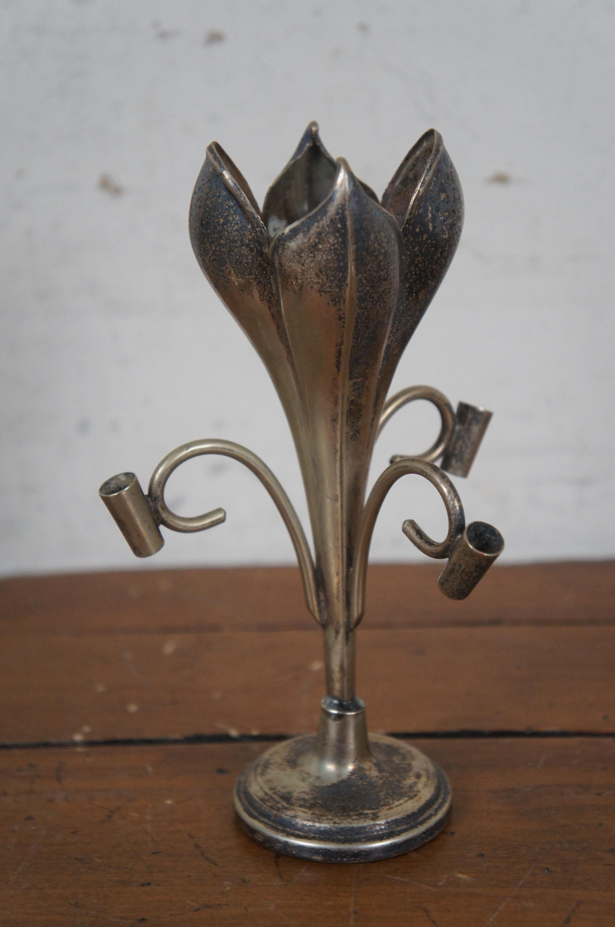 Antique Art Nouveau Silverplate Epergne 4 Trumpet Bud Vase Crocus 8