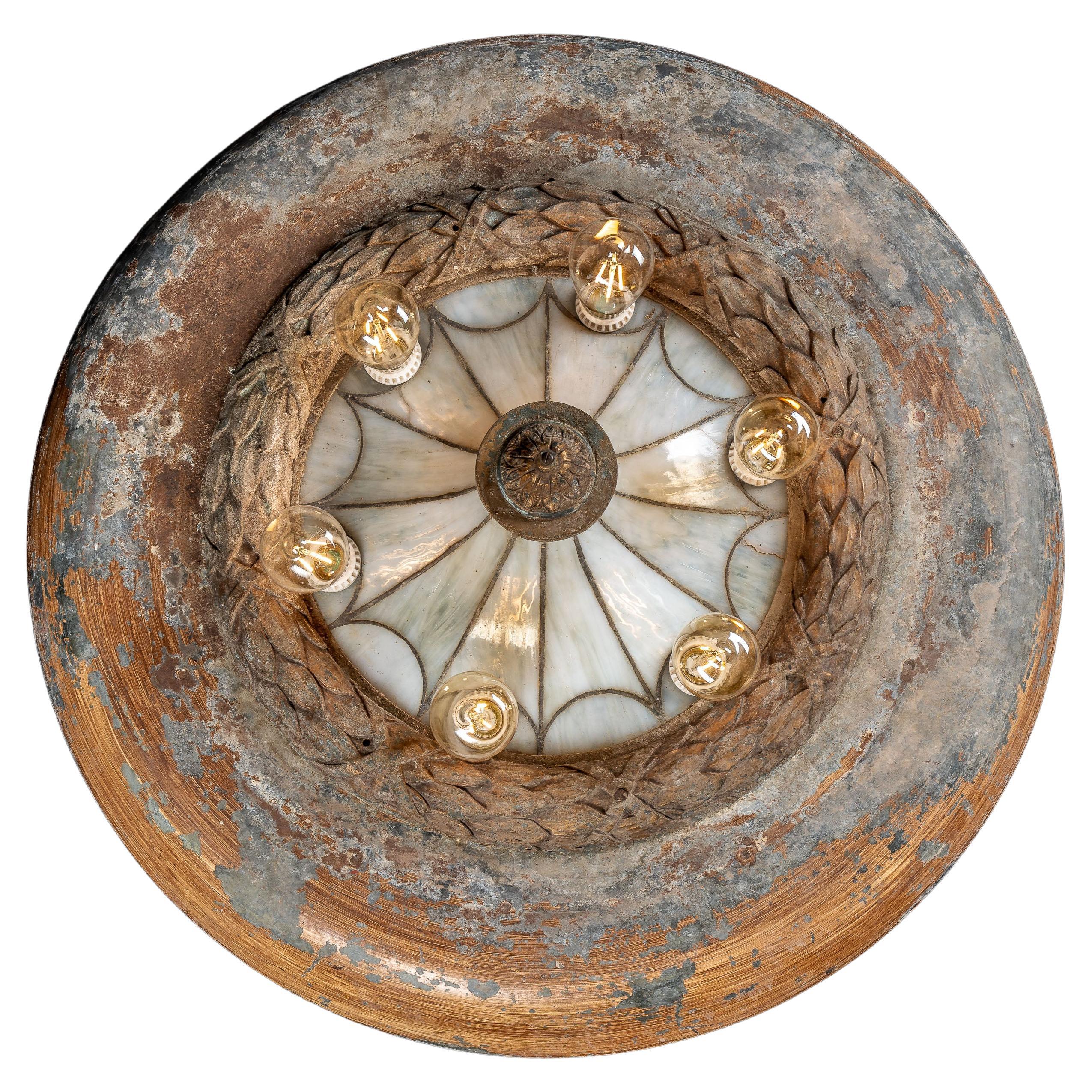 Antique Art Nouveau Slag Glass Ceiling-Mounted Light Fixture
