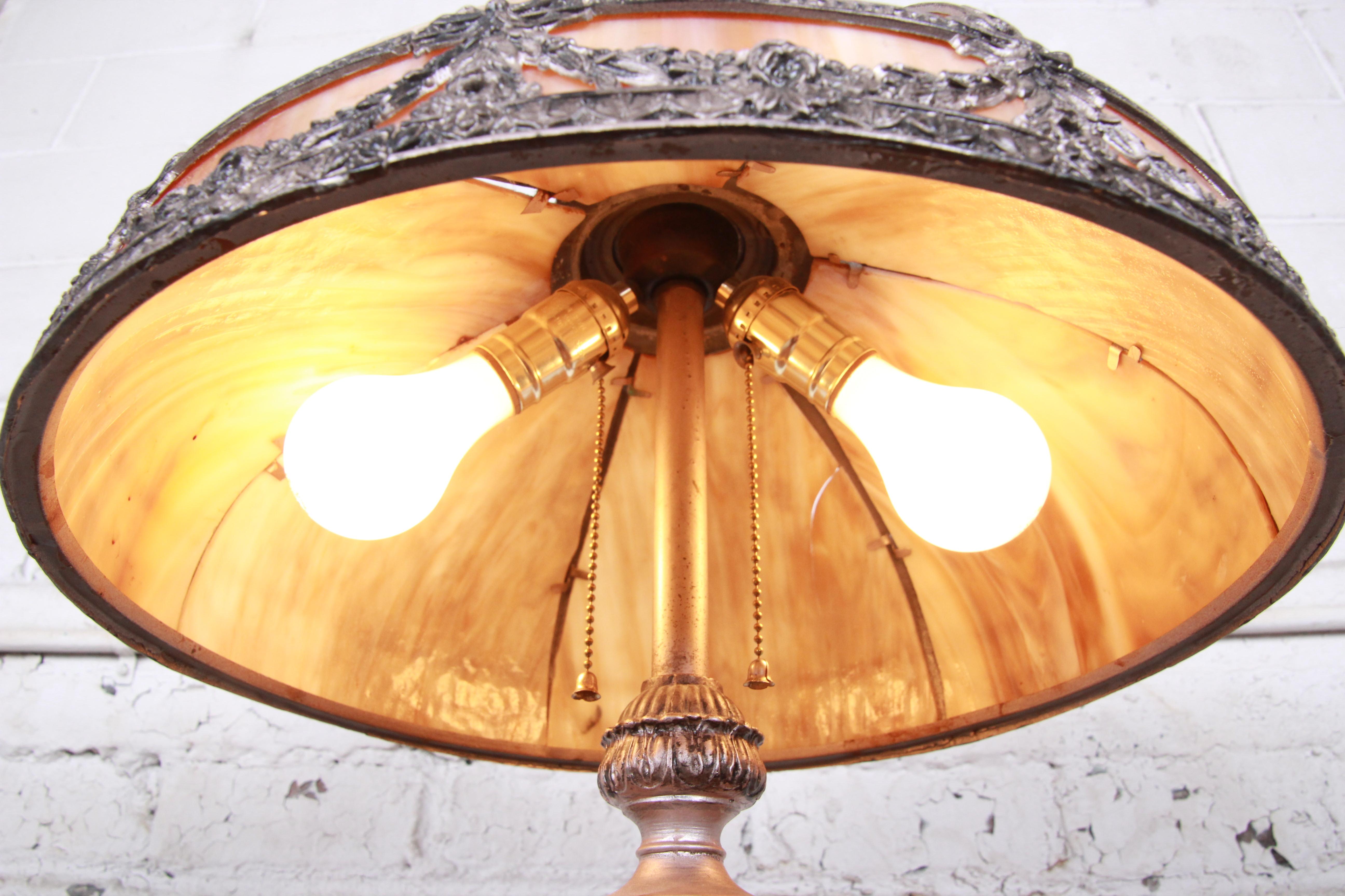 Antique Art Nouveau Slag Glass Table Lamp Attributed to Bradley & Hubbard, 1920s 5