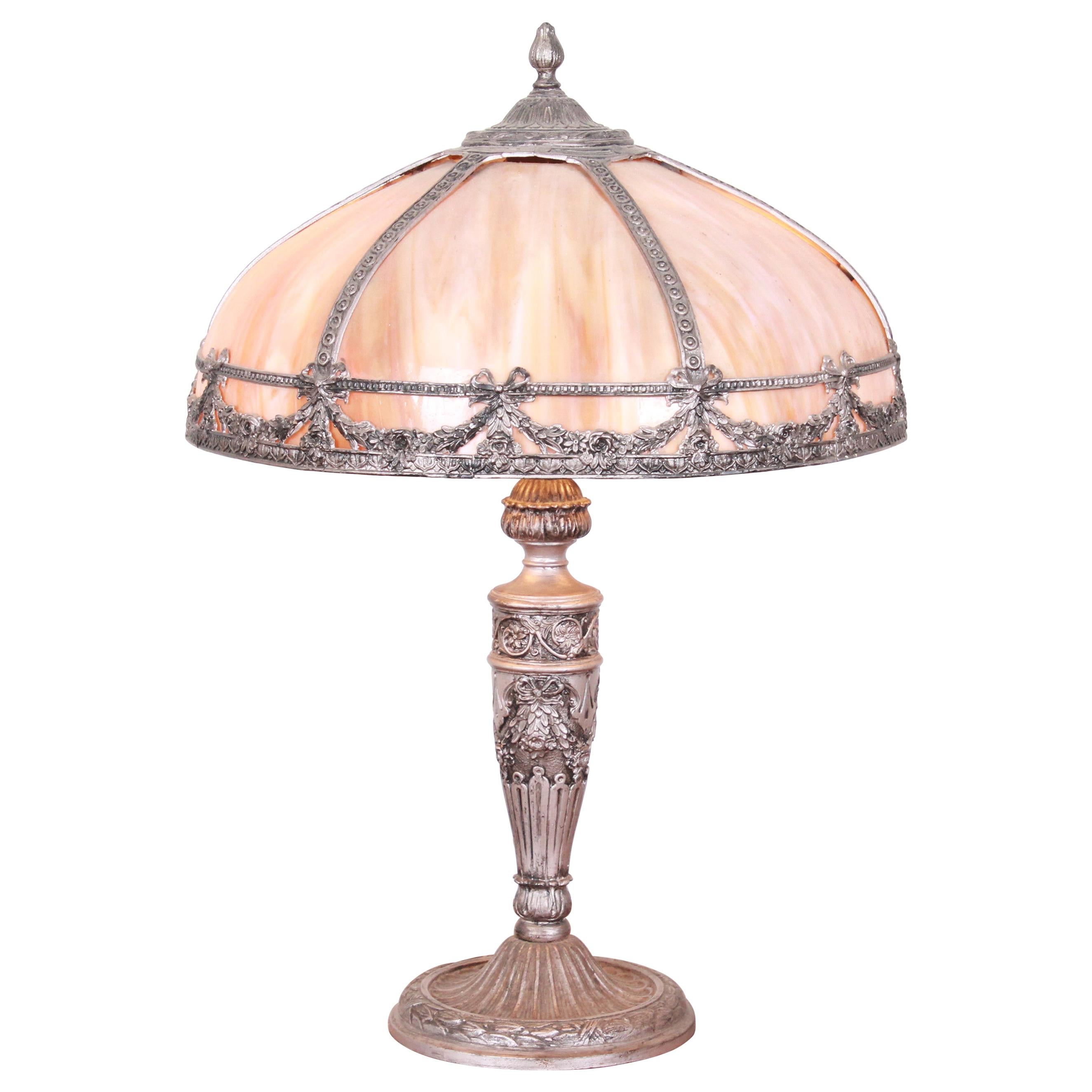 Antique Art Nouveau Slag Glass Table Lamp Attributed to Bradley & Hubbard, 1920s