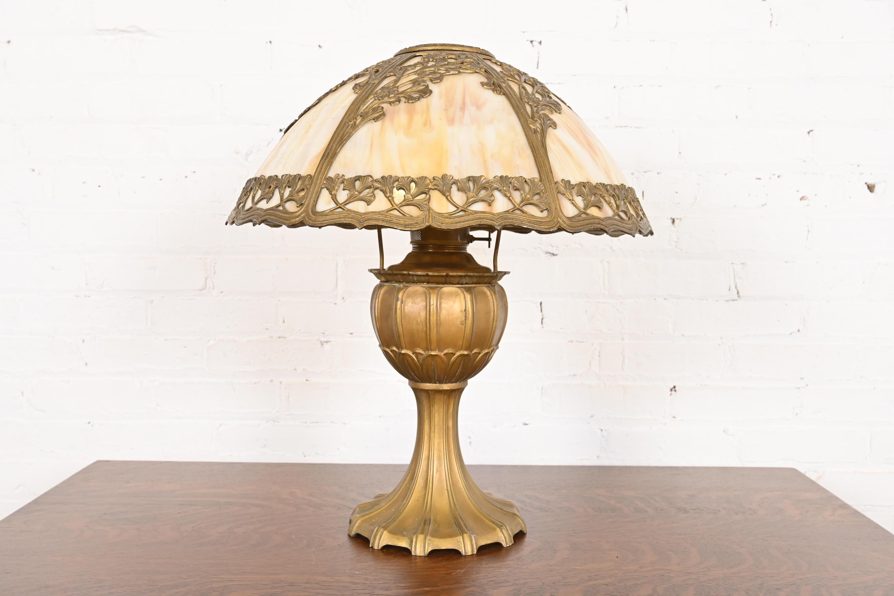 American Antique Art Nouveau Slag Glass Table Lamp by Miller Lamp Co., Circa 1920s For Sale