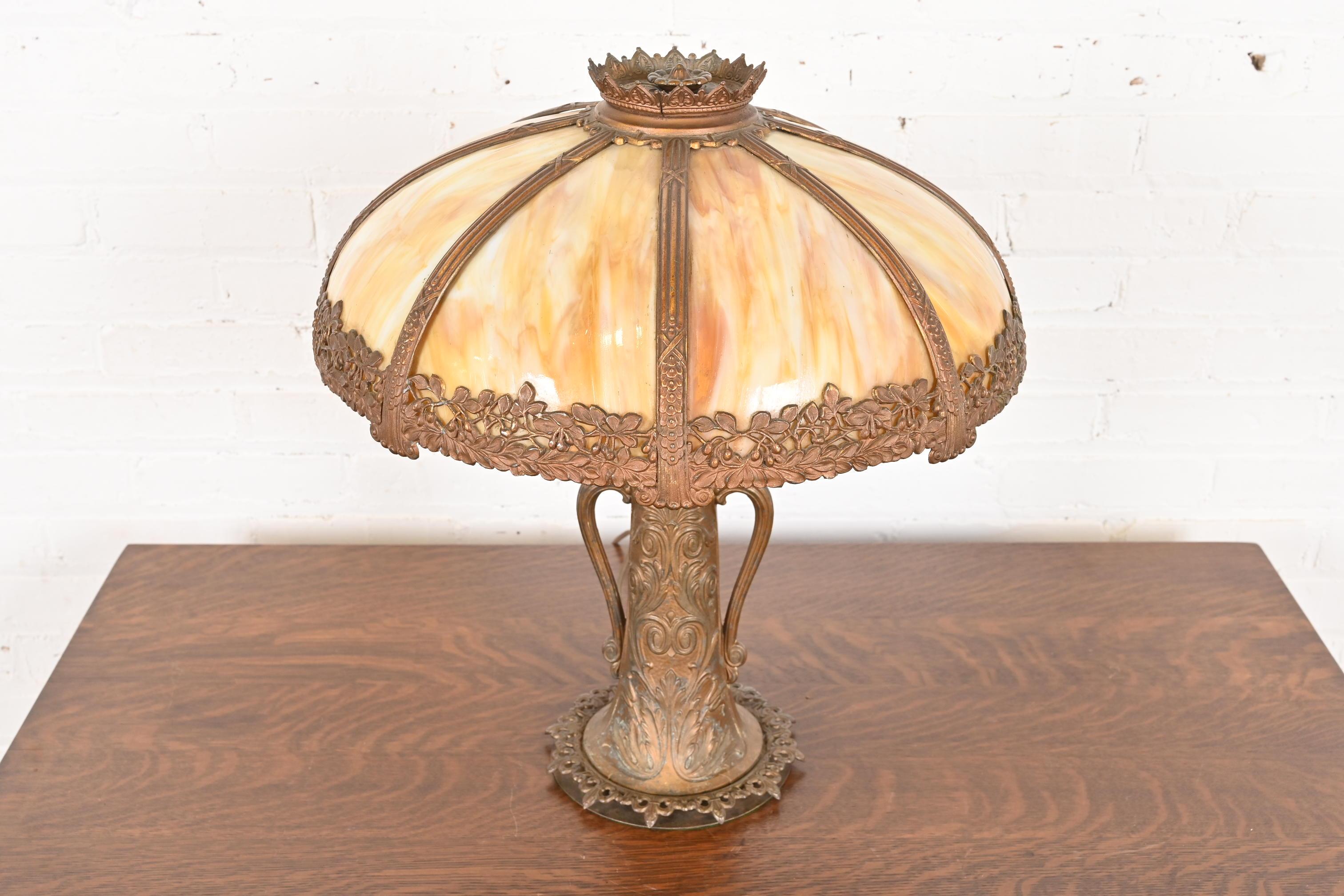 American Antique Art Nouveau Slag Glass Table Lamp in the Manner of Handel, Circa 1920s For Sale