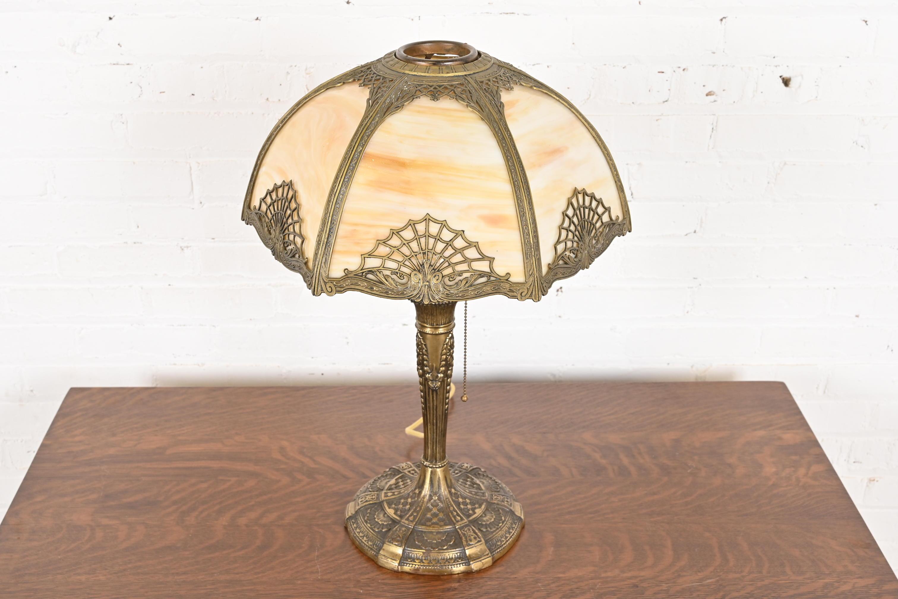 American Antique Art Nouveau Slag Glass Table Lamp in the Manner of Handel, Circa 1920s For Sale