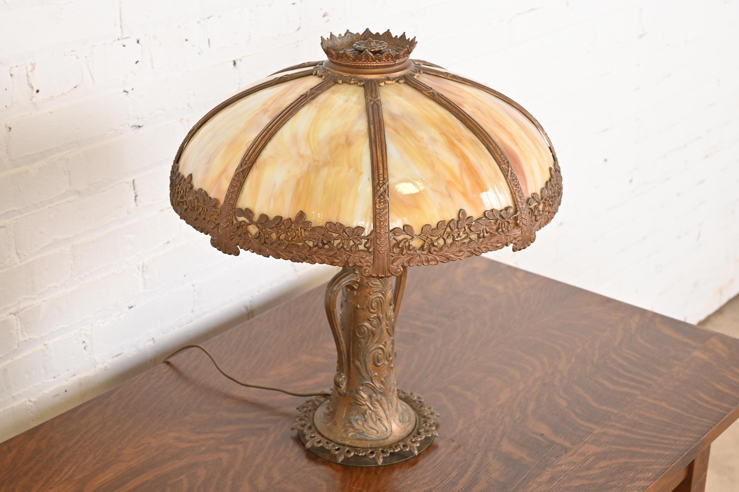 Early 20th Century Antique Art Nouveau Slag Glass Table Lamp in the Manner of Handel, Circa 1920s For Sale