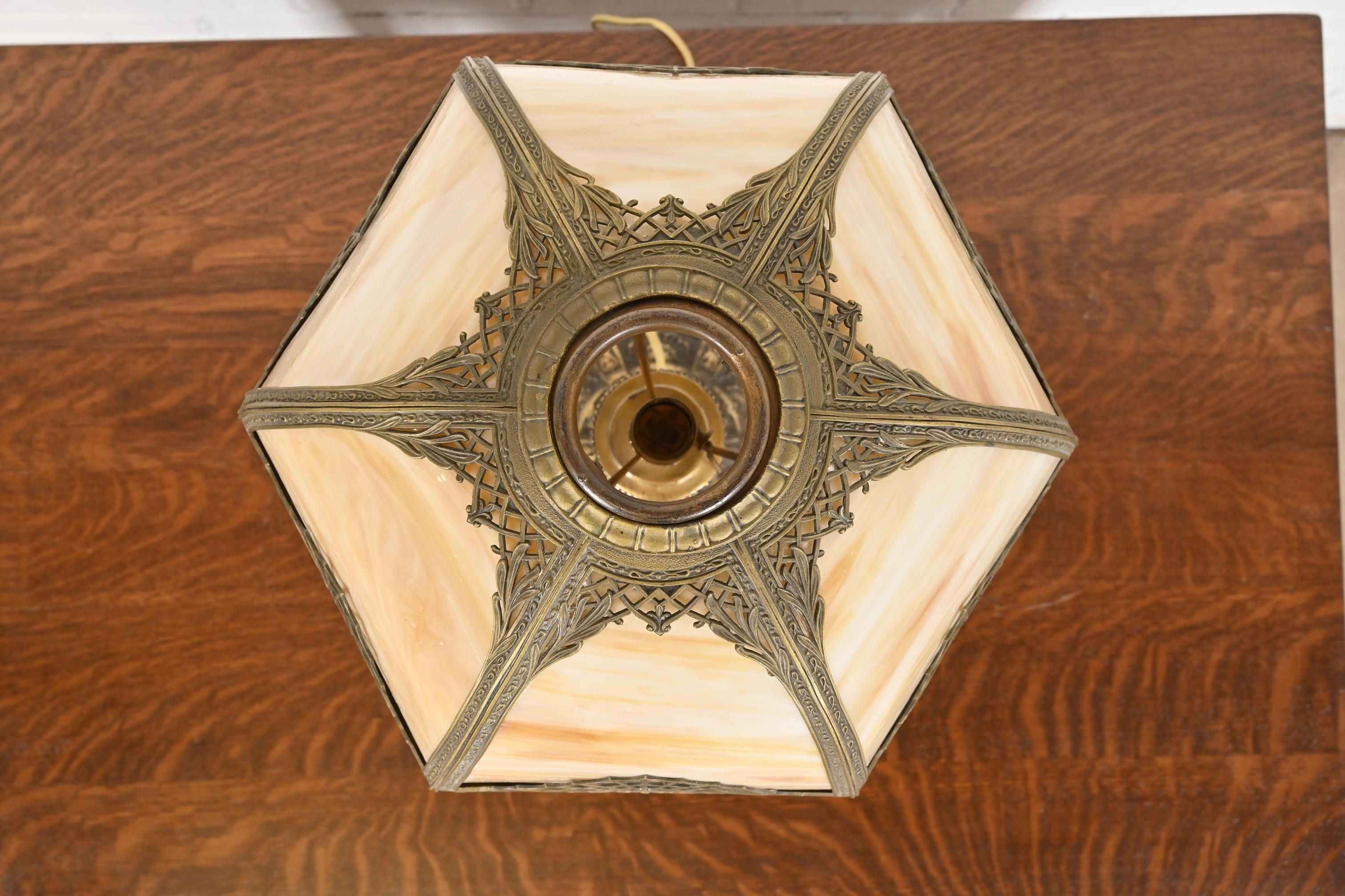 Metal Antique Art Nouveau Slag Glass Table Lamp in the Manner of Handel, Circa 1920s For Sale