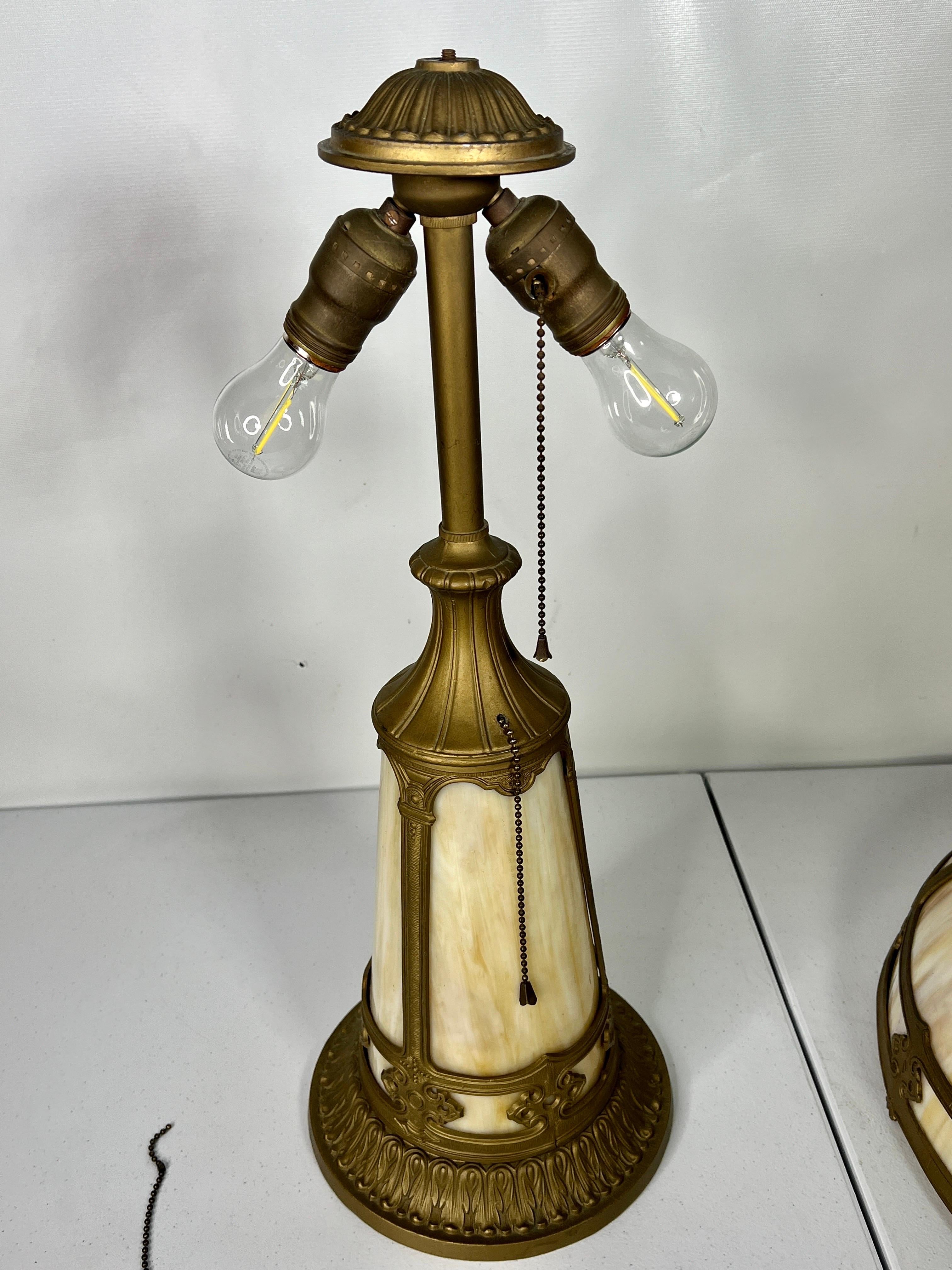 Early 20th Century Antique Art Nouveau SlagGlass Double Socket Lamp W Illuminated Base For Sale
