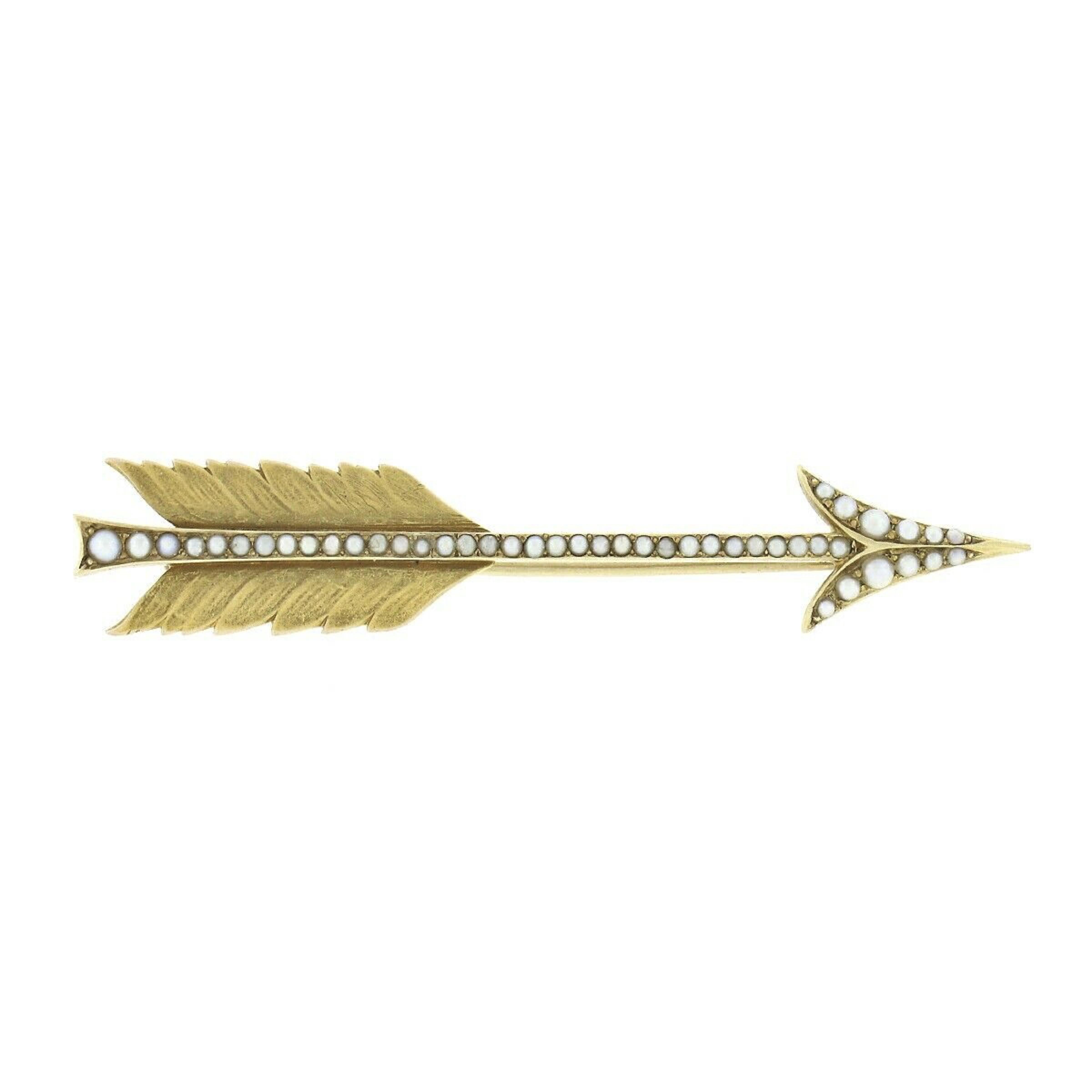 Antique Art Nouveau Solid 14k Yellow Gold Detailed Seed Pearl Arrow Pin Brooch For Sale