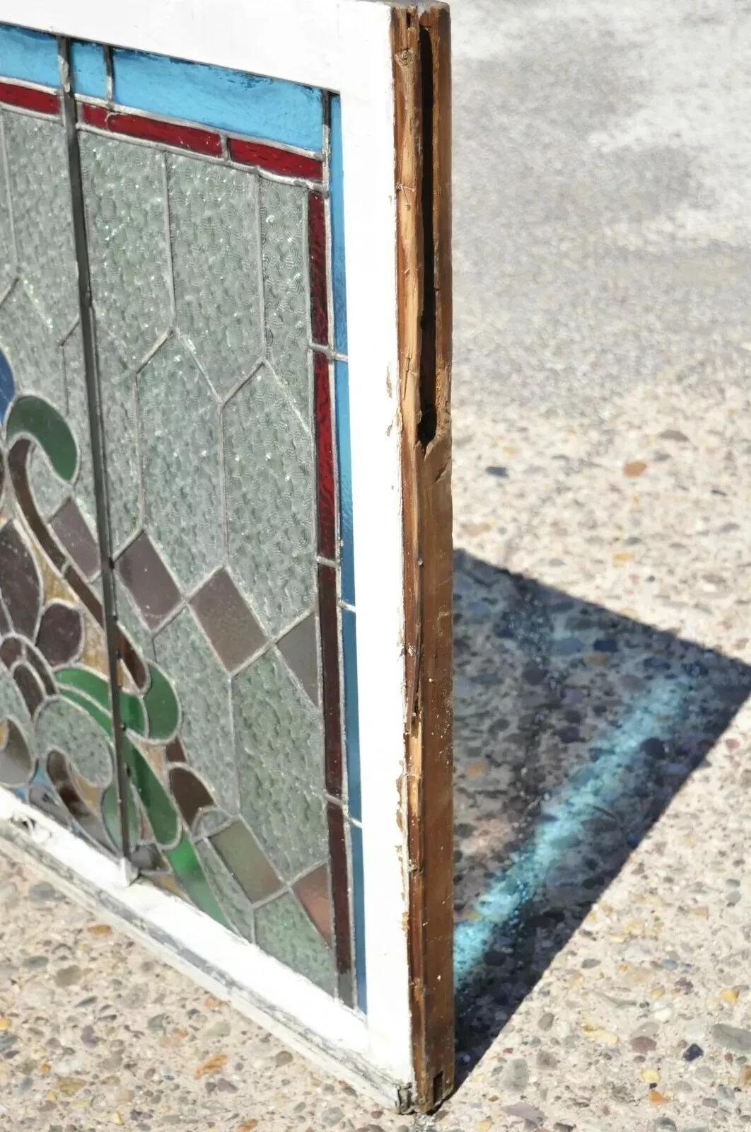 Antikes Jugendstil-Glasmalerei-Flaur De Lis 34x40 Fenster, blau, grün, orange, Fleur De Lis im Angebot 3