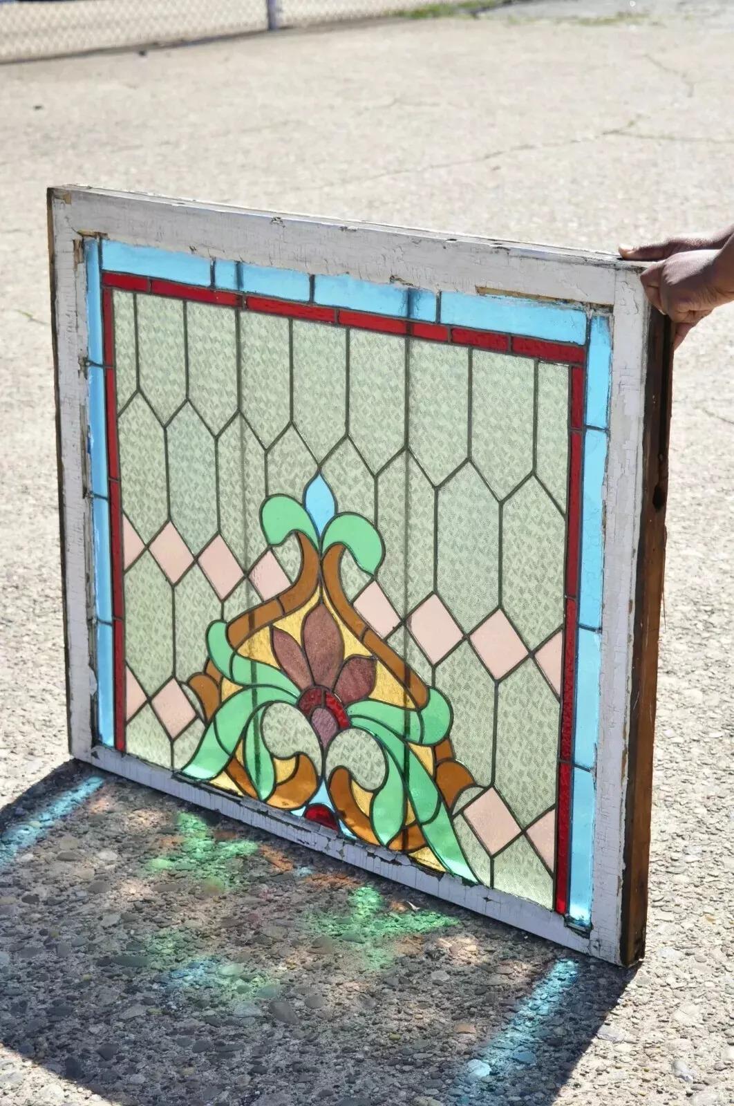 Antikes Jugendstil-Glasmalerei-Flaur De Lis 34x40 Fenster, blau, grün, orange, Fleur De Lis im Angebot 4