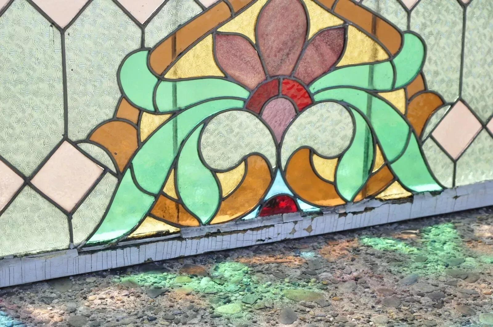 Antikes Jugendstil-Glasmalerei-Flaur De Lis 34x40 Fenster, blau, grün, orange, Fleur De Lis (Art nouveau) im Angebot