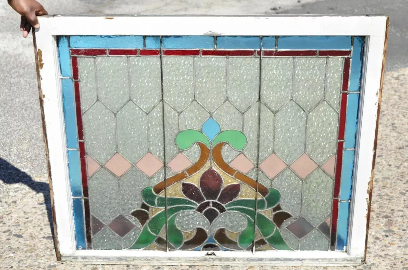 Antikes Jugendstil-Glasmalerei-Flaur De Lis 34x40 Fenster, blau, grün, orange, Fleur De Lis (19. Jahrhundert) im Angebot