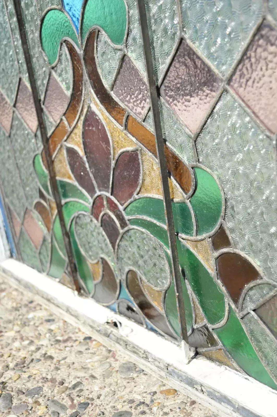 Antikes Jugendstil-Glasmalerei-Flaur De Lis 34x40 Fenster, blau, grün, orange, Fleur De Lis im Angebot 1