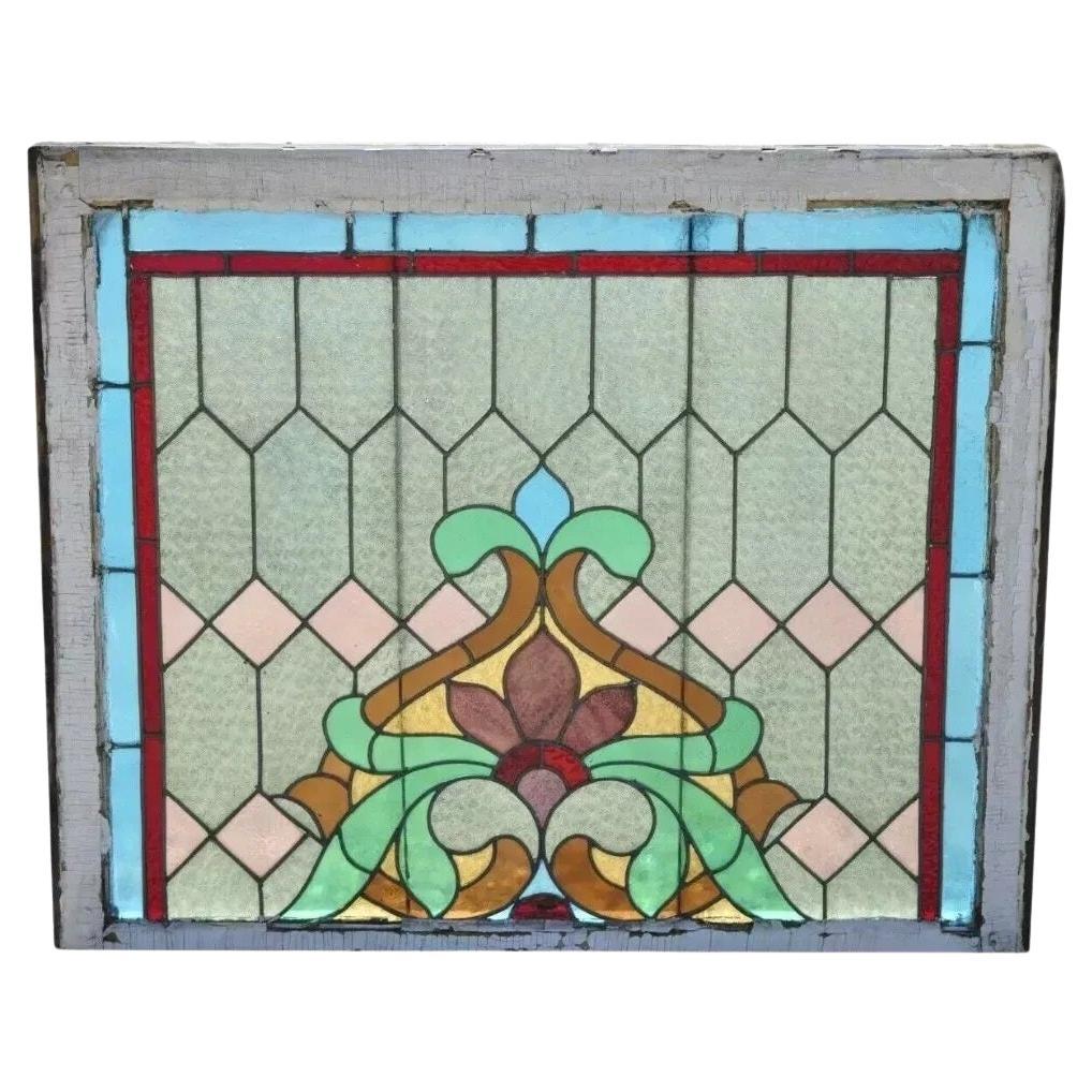Antikes Jugendstil-Glasmalerei-Flaur De Lis 34x40 Fenster, blau, grün, orange, Fleur De Lis im Angebot