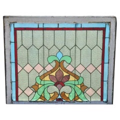 Antique Art Nouveau Stained Glass Blue Green Orange Fleur De Lis 34x40 Window