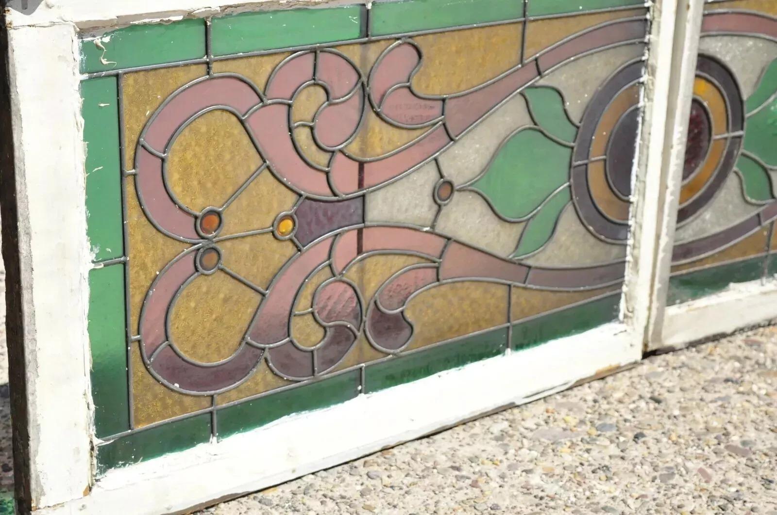 Vidrieras antiguas Art Nouveau Rosa Verde Naranja con joyas - Pareja en venta 5