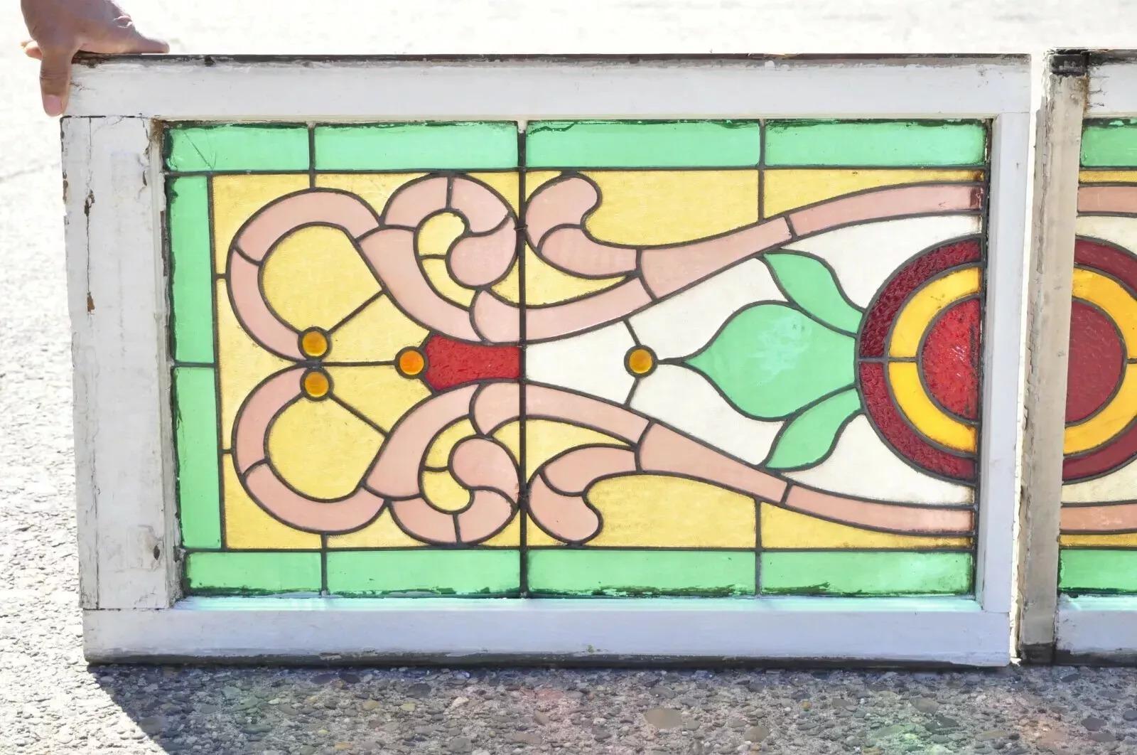 Vidrieras antiguas Art Nouveau Rosa Verde Naranja con joyas - Pareja Desconocido en venta