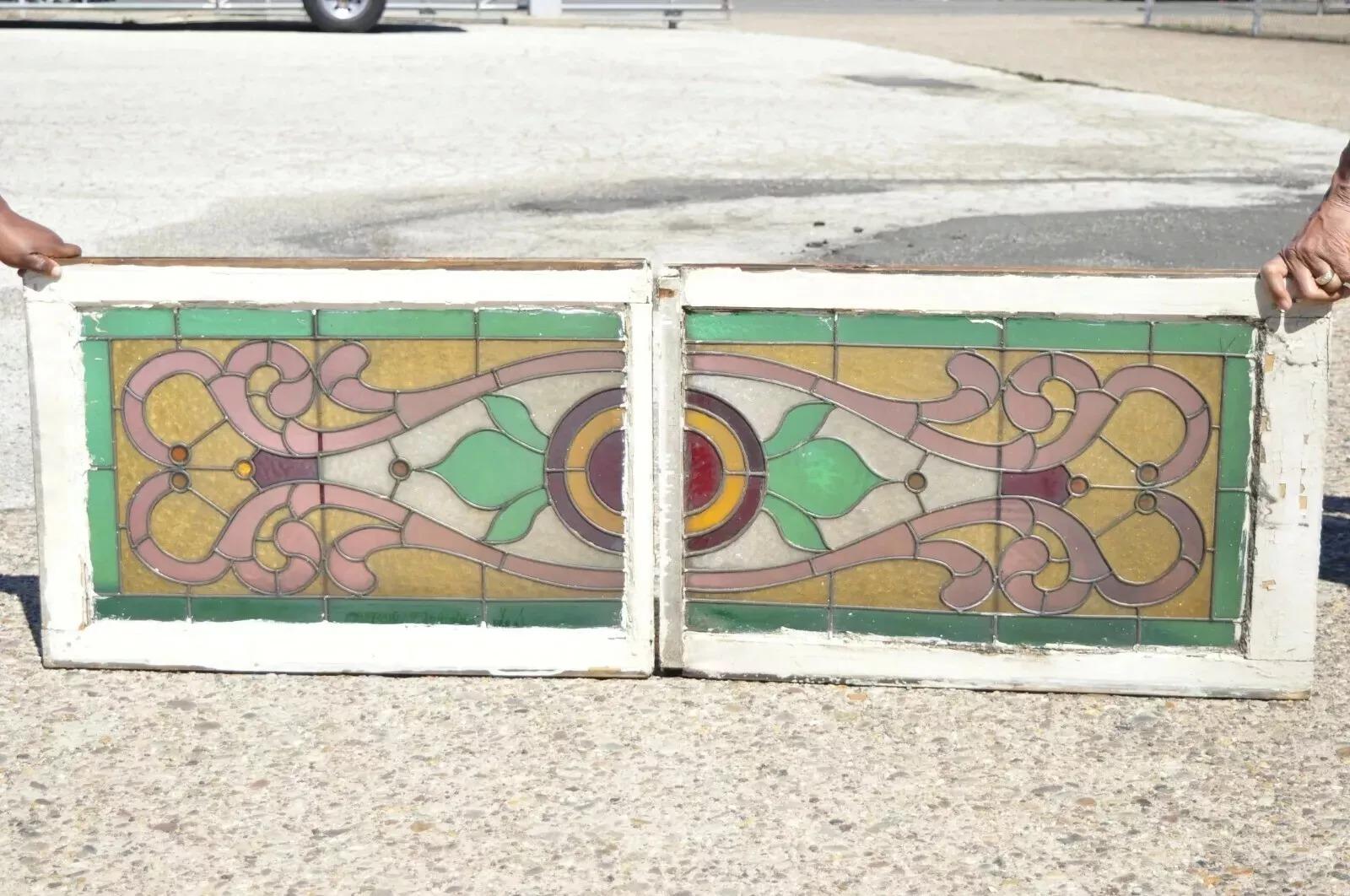 Vidrieras antiguas Art Nouveau Rosa Verde Naranja con joyas - Pareja en venta 2