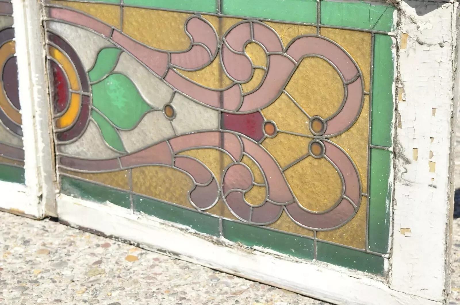Vidrieras antiguas Art Nouveau Rosa Verde Naranja con joyas - Pareja en venta 3