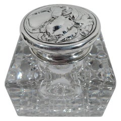 Antique Art Nouveau Sterling Silver and Cut-Glass Inkwell by Gorham