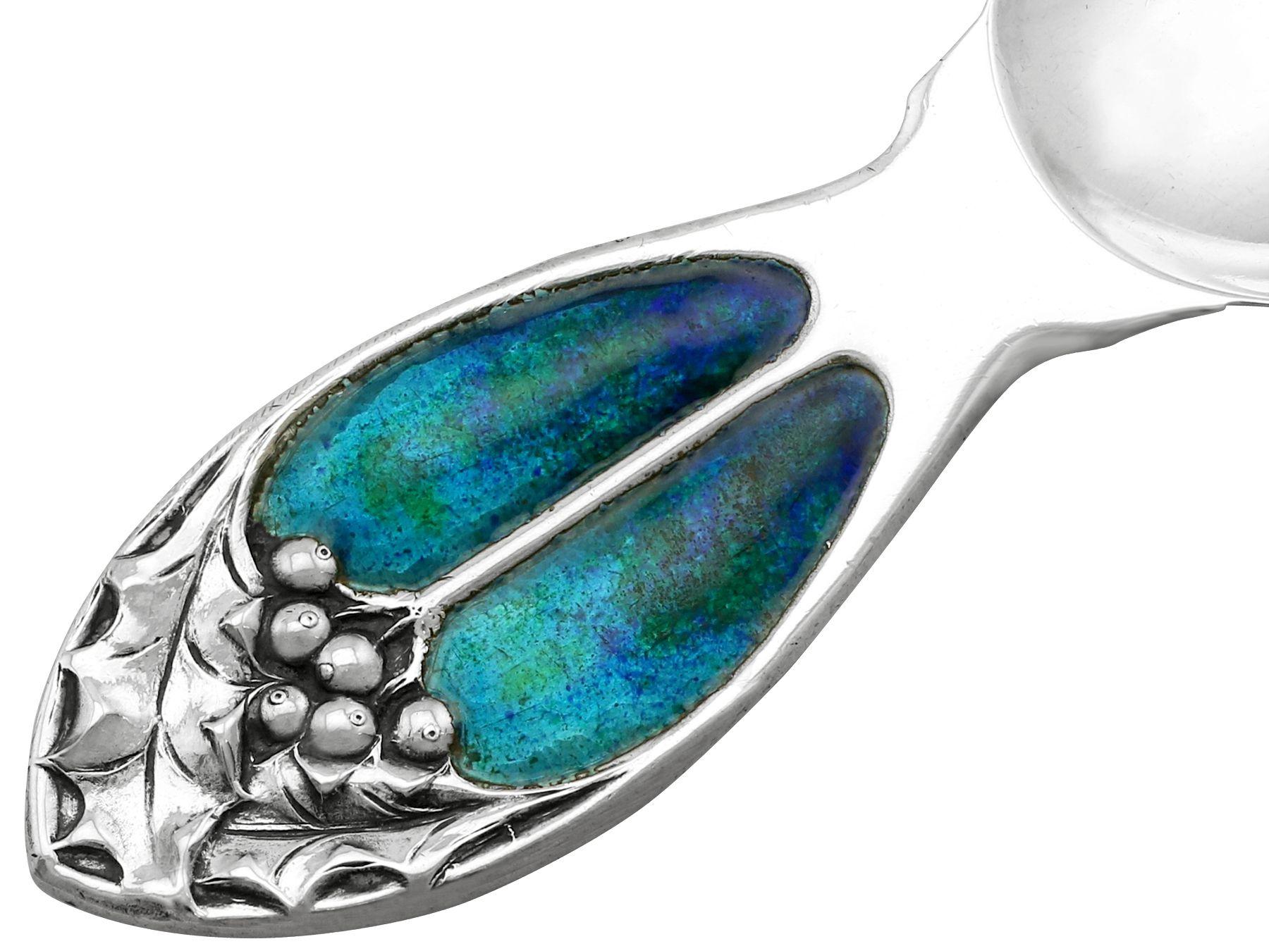 English Antique Art Nouveau Sterling Silver and Enamel Caddy Spoon For Sale