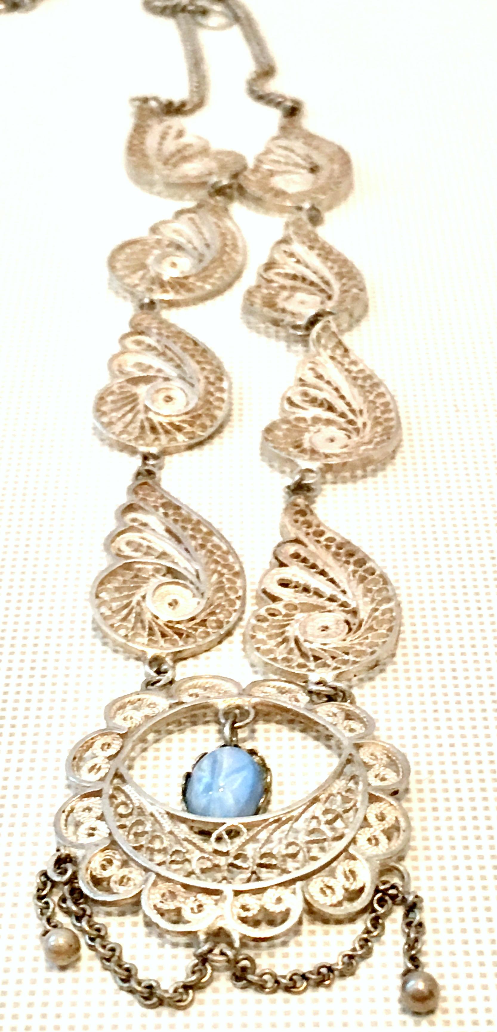 Antique Art Nouveau Sterling Silver & Moonstone Pendant Necklace In Good Condition In West Palm Beach, FL