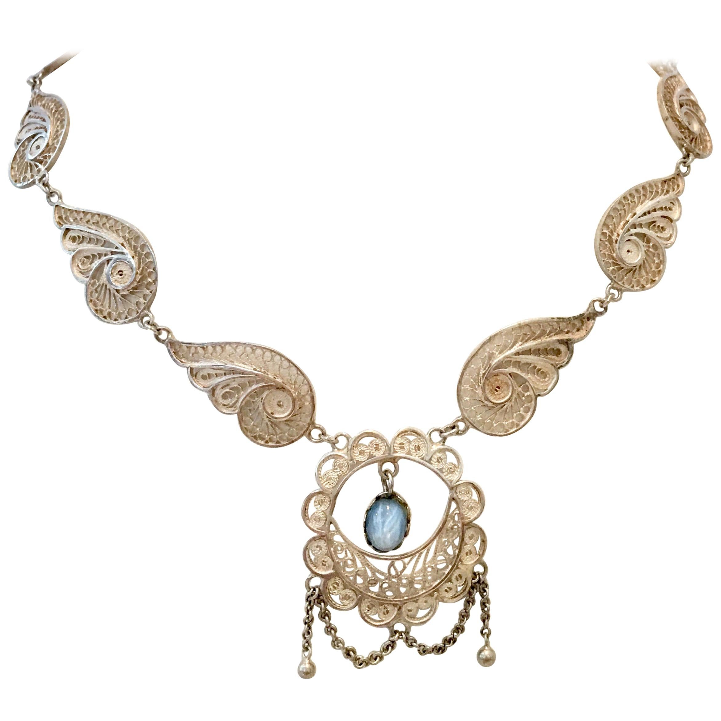 Antique Art Nouveau Sterling Silver & Moonstone Pendant Necklace