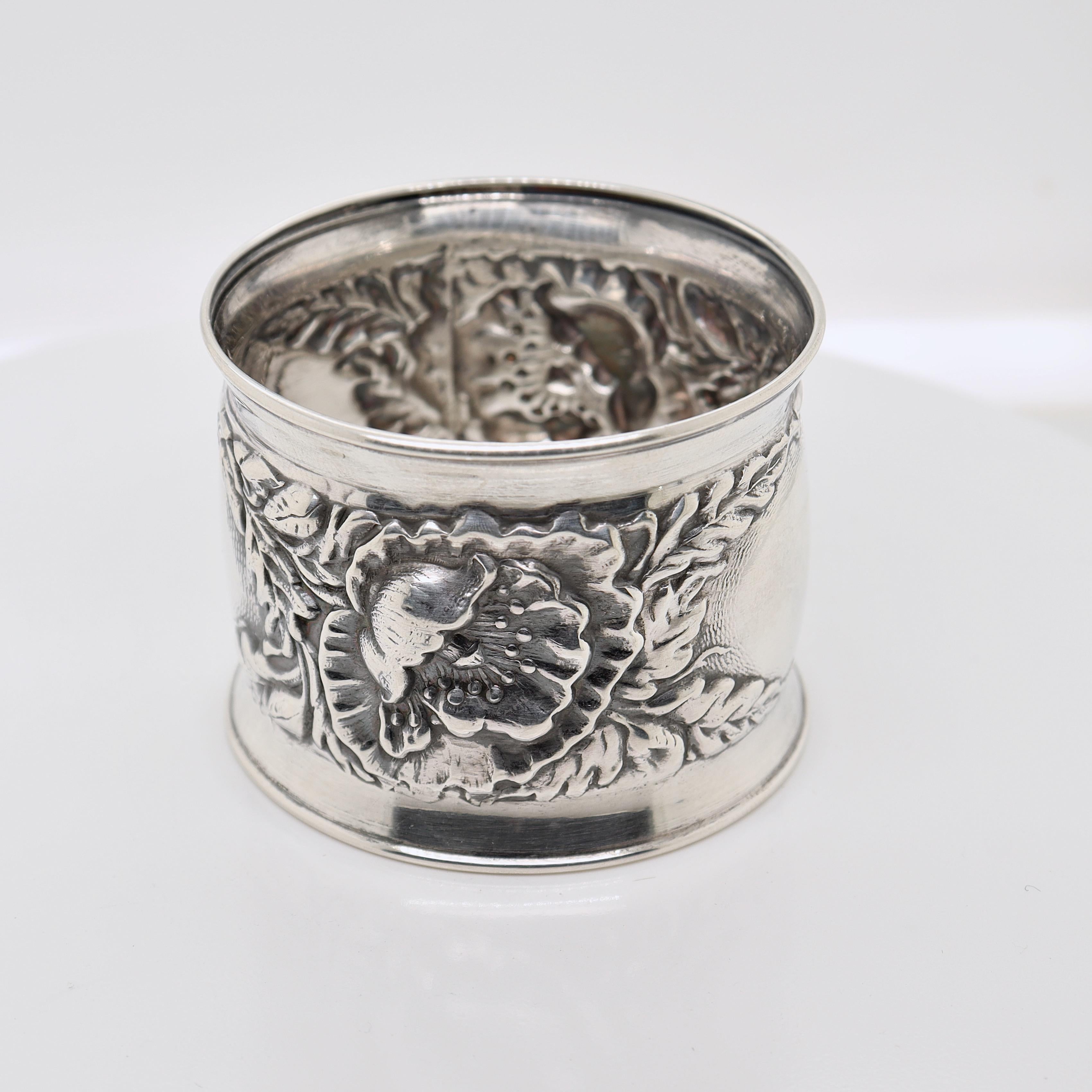 Women's or Men's Antique Art Nouveau Sterling Silver Napkin Ring with Poppy Flowers For Sale