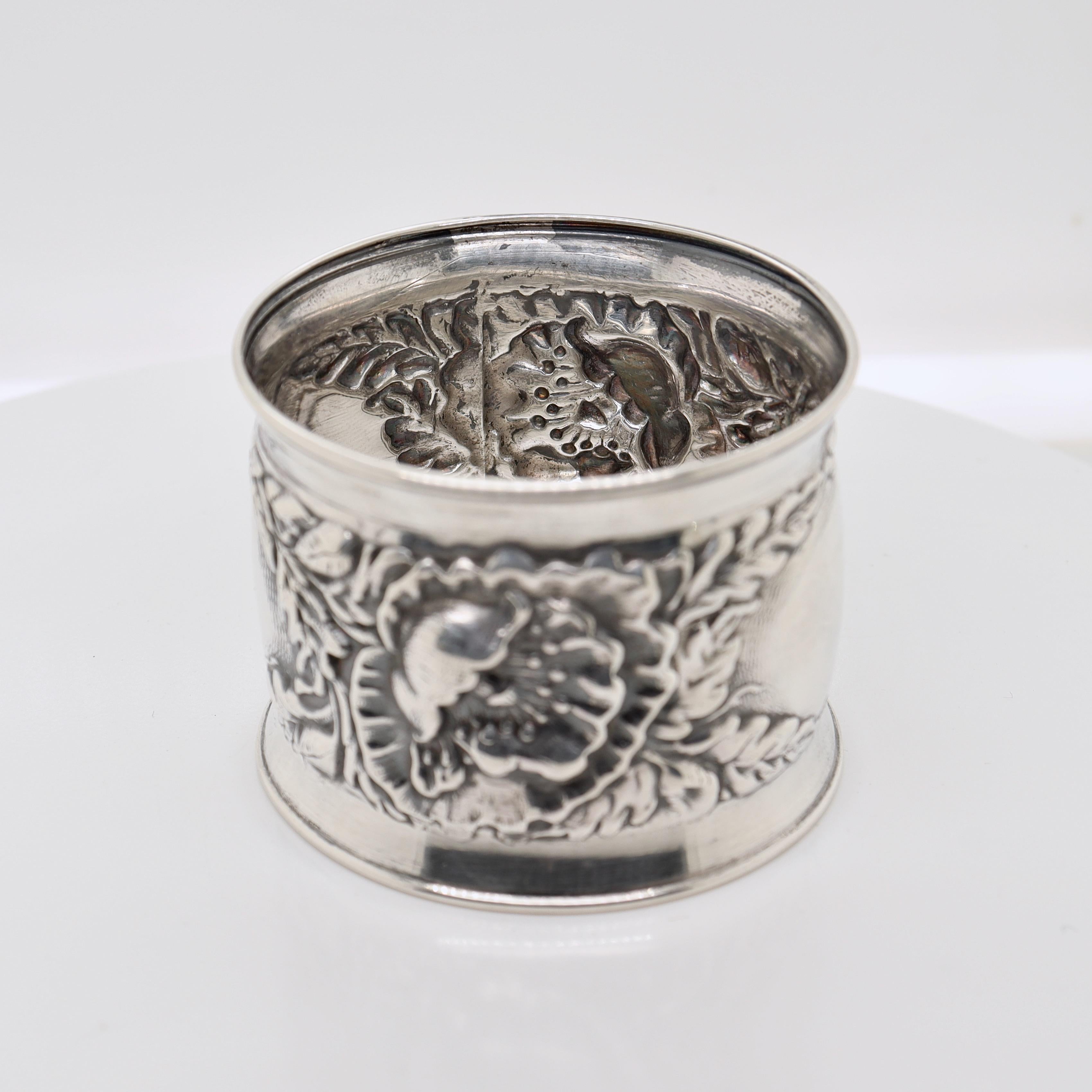 Antique Art Nouveau Sterling Silver Napkin Ring with Poppy Flowers For Sale 1