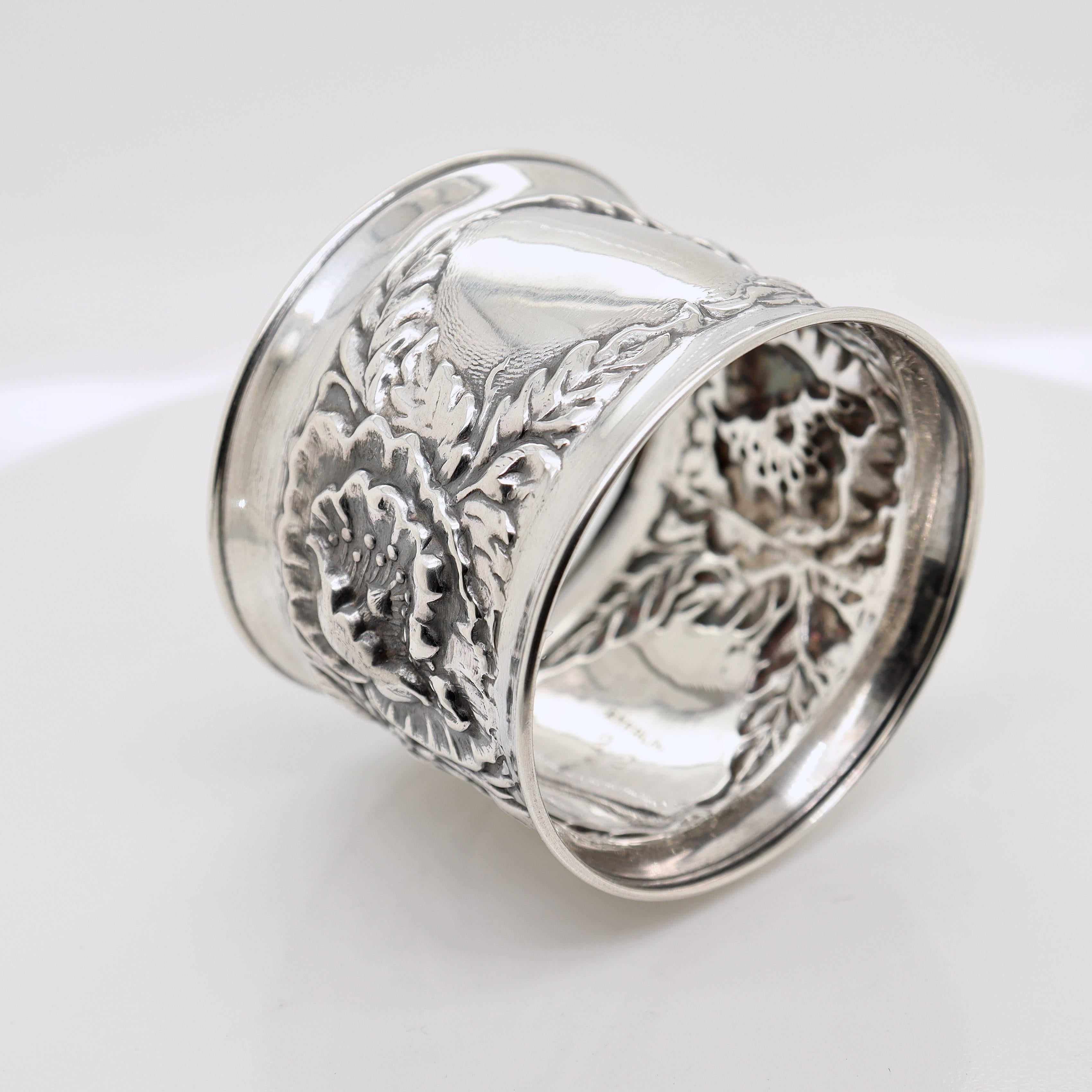 Antiker Jugendstil-Serviergeschirr-Ring aus Sterlingsilber mit Mohnblumen im Angebot 3