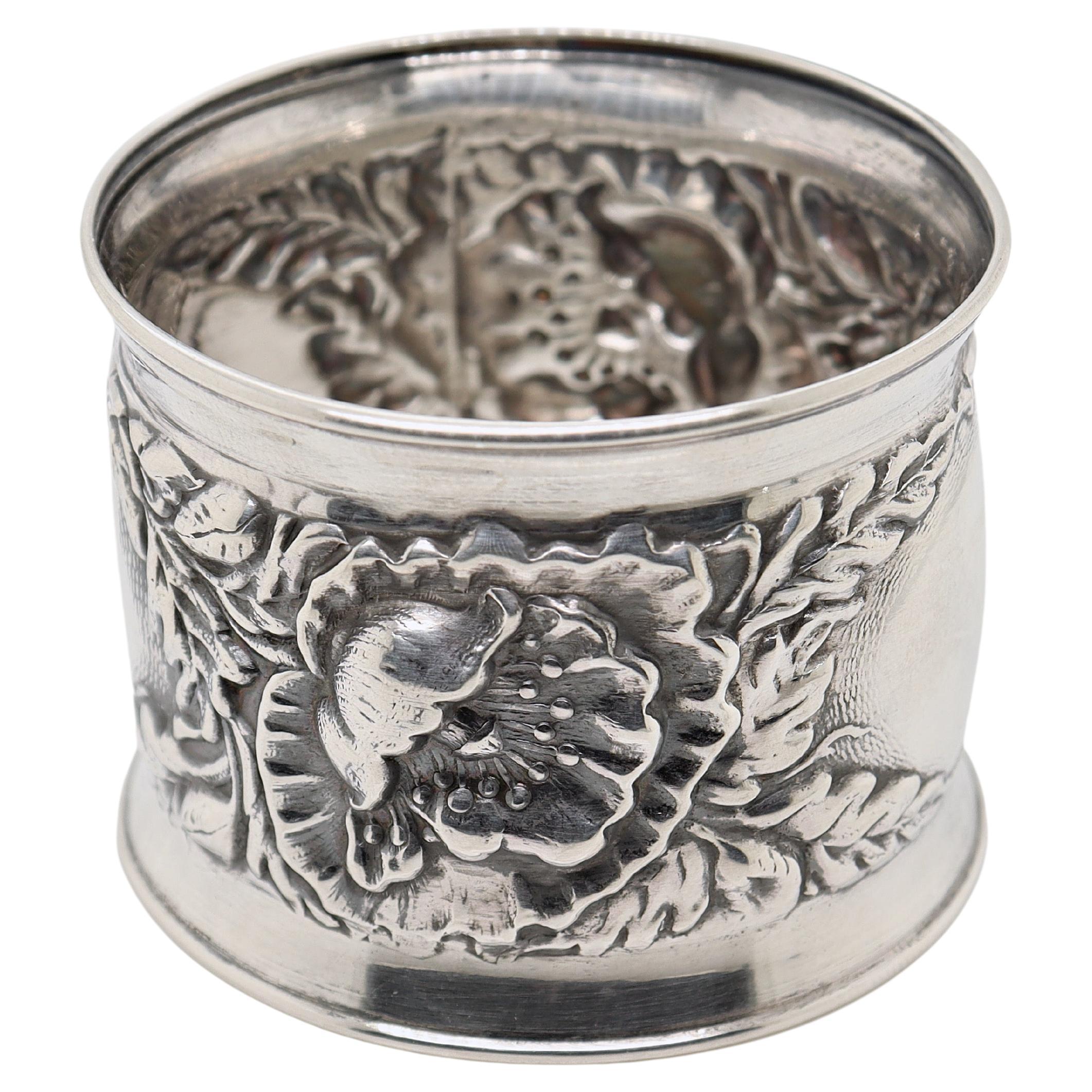 Antiker Jugendstil-Serviergeschirr-Ring aus Sterlingsilber mit Mohnblumen im Angebot