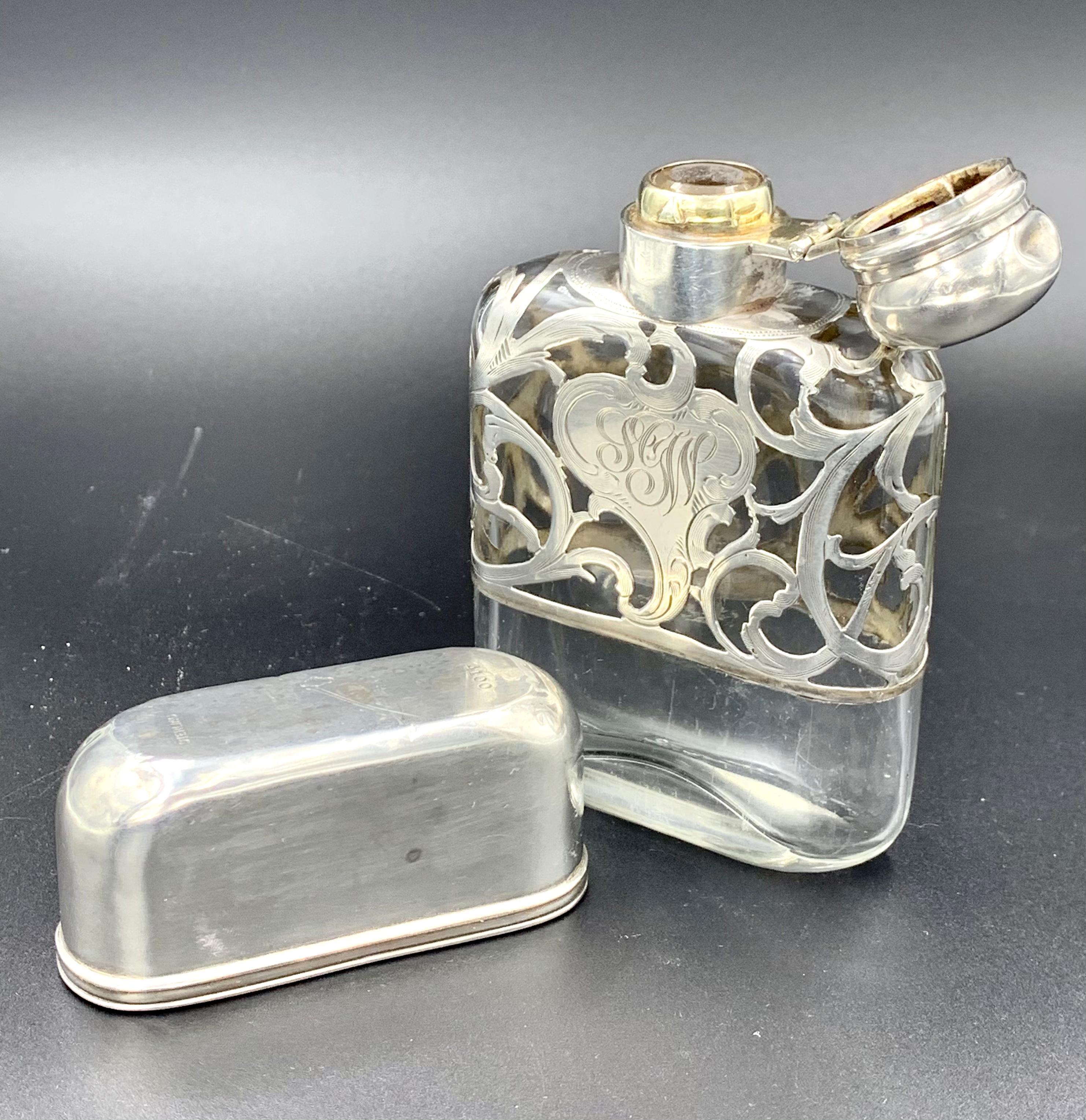 American Antique Art Nouveau Sterling Silver Overlay Flask by Alvin