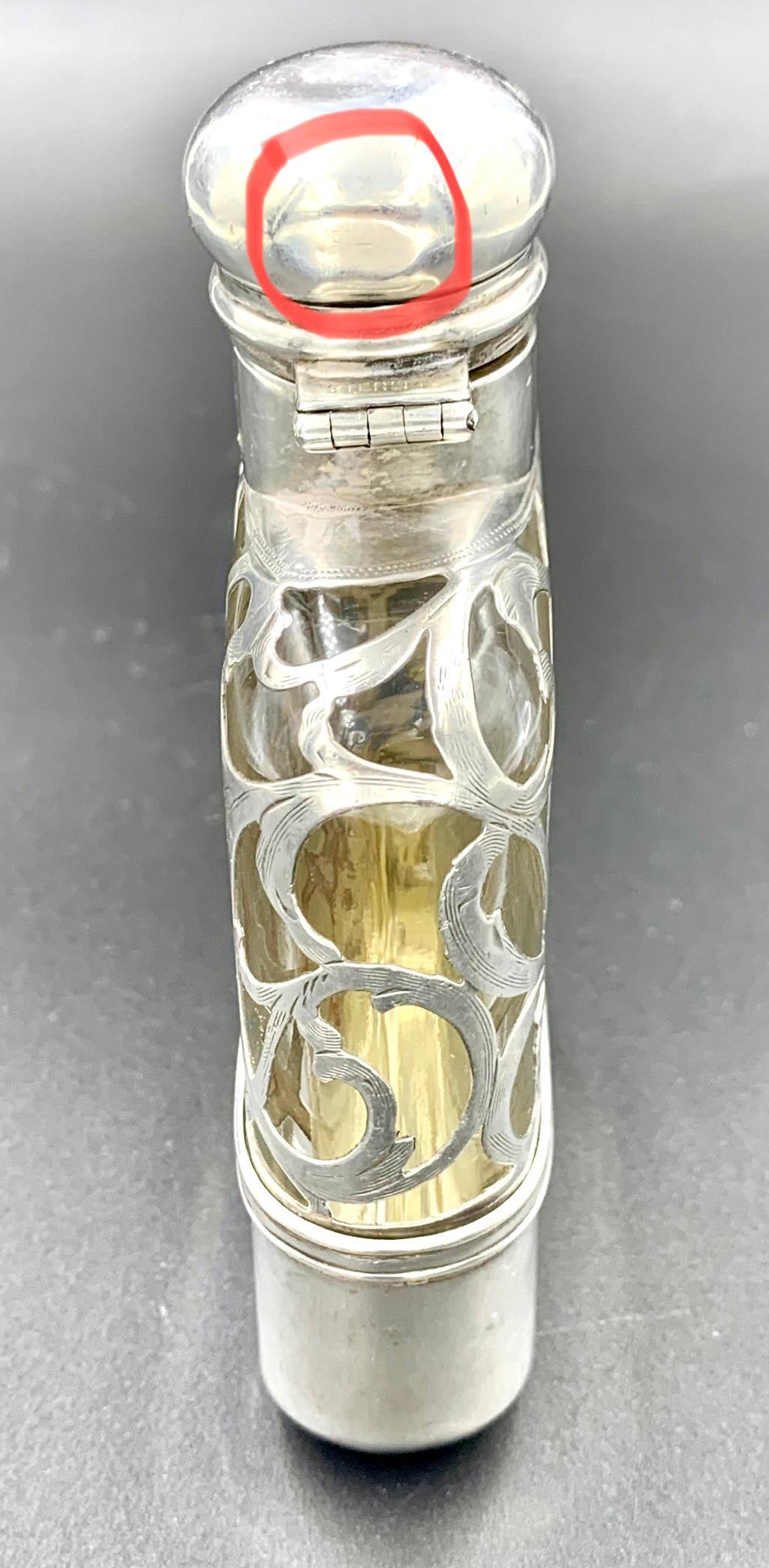 Antique Art Nouveau Sterling Silver Overlay Flask by Alvin In Fair Condition In Miami Beach, FL