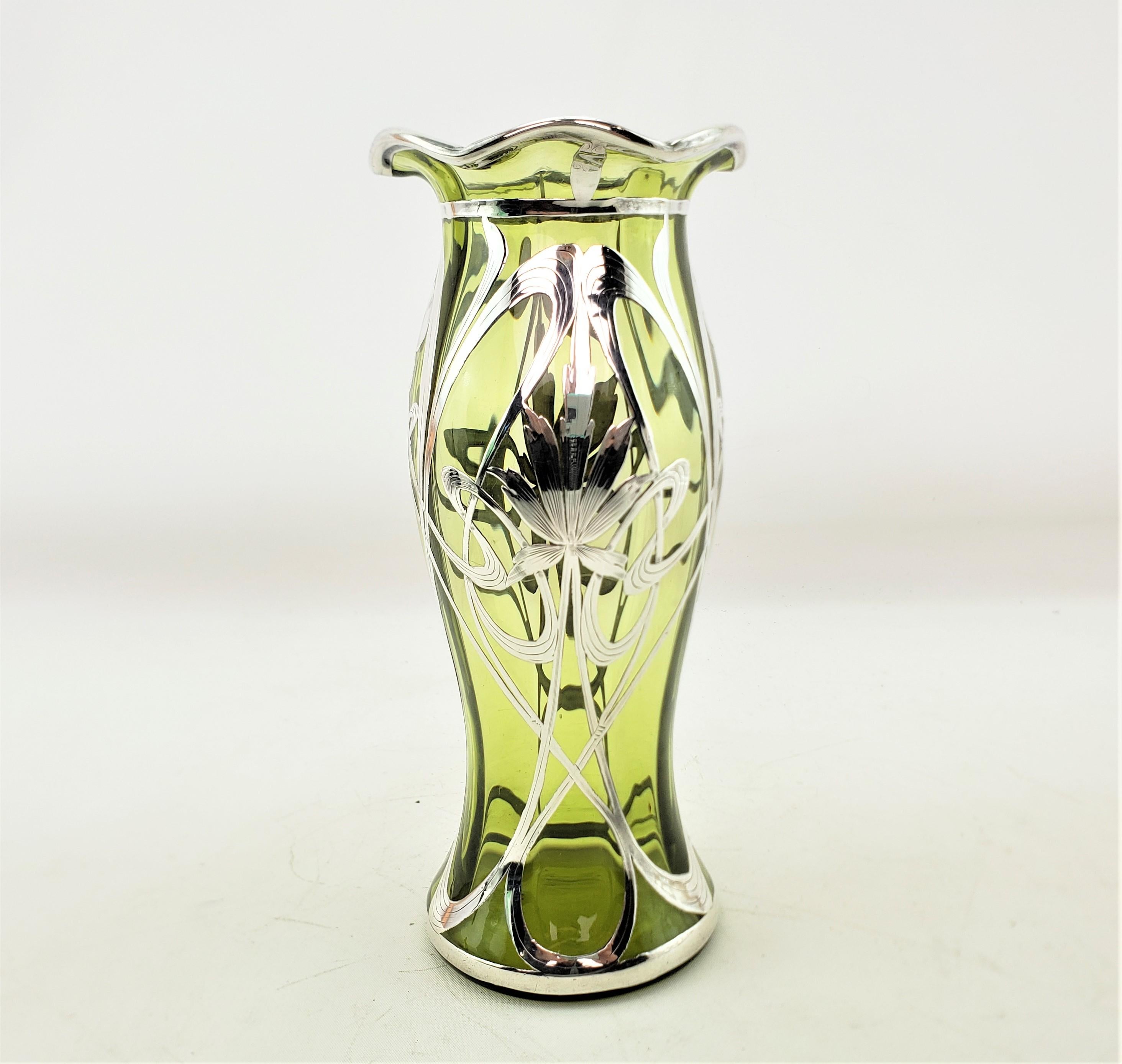 Antique Art Nouveau Sterling Silver Overlay Green Glass Vase with Floral Motif For Sale 4