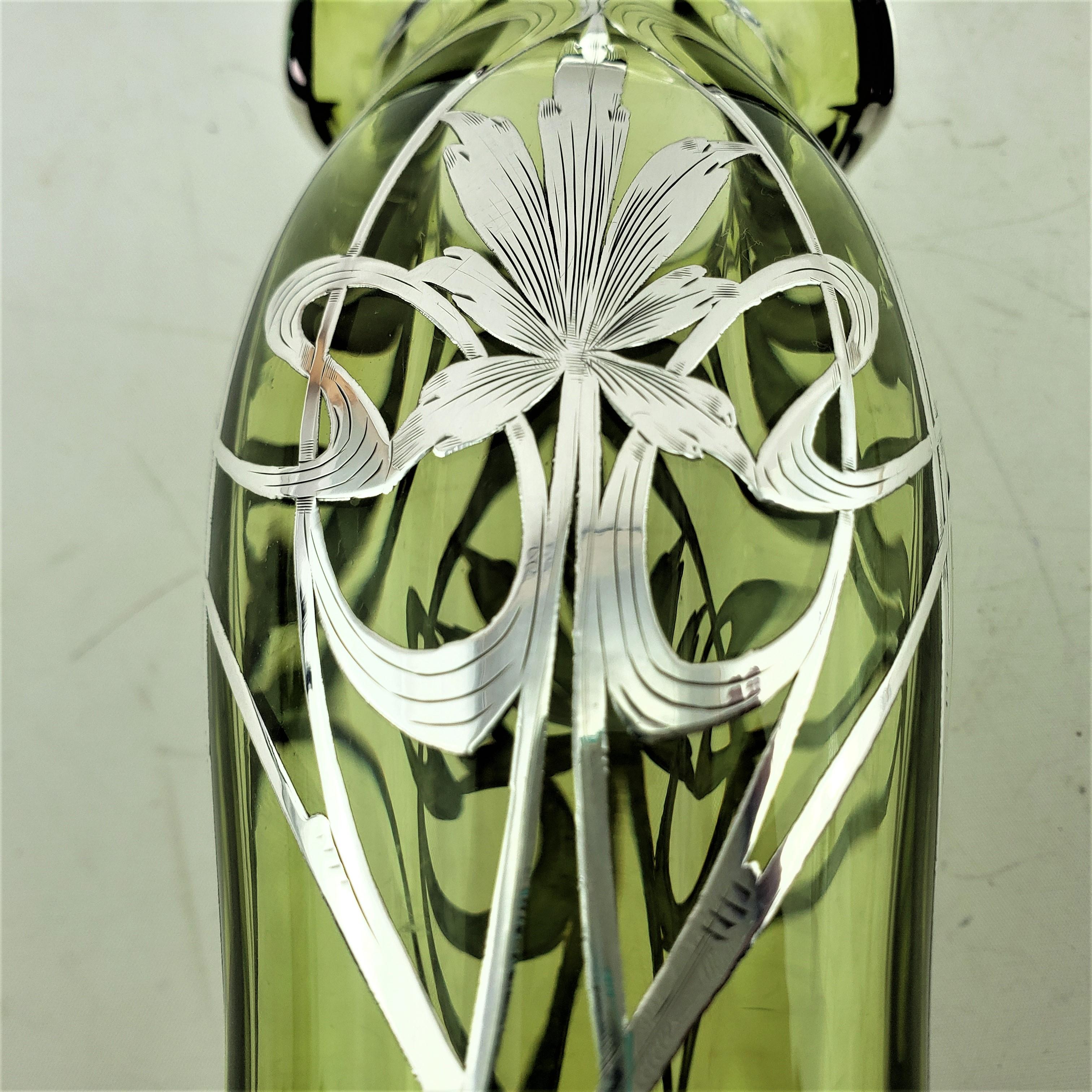 Antique Art Nouveau Sterling Silver Overlay Green Glass Vase with Floral Motif For Sale 7