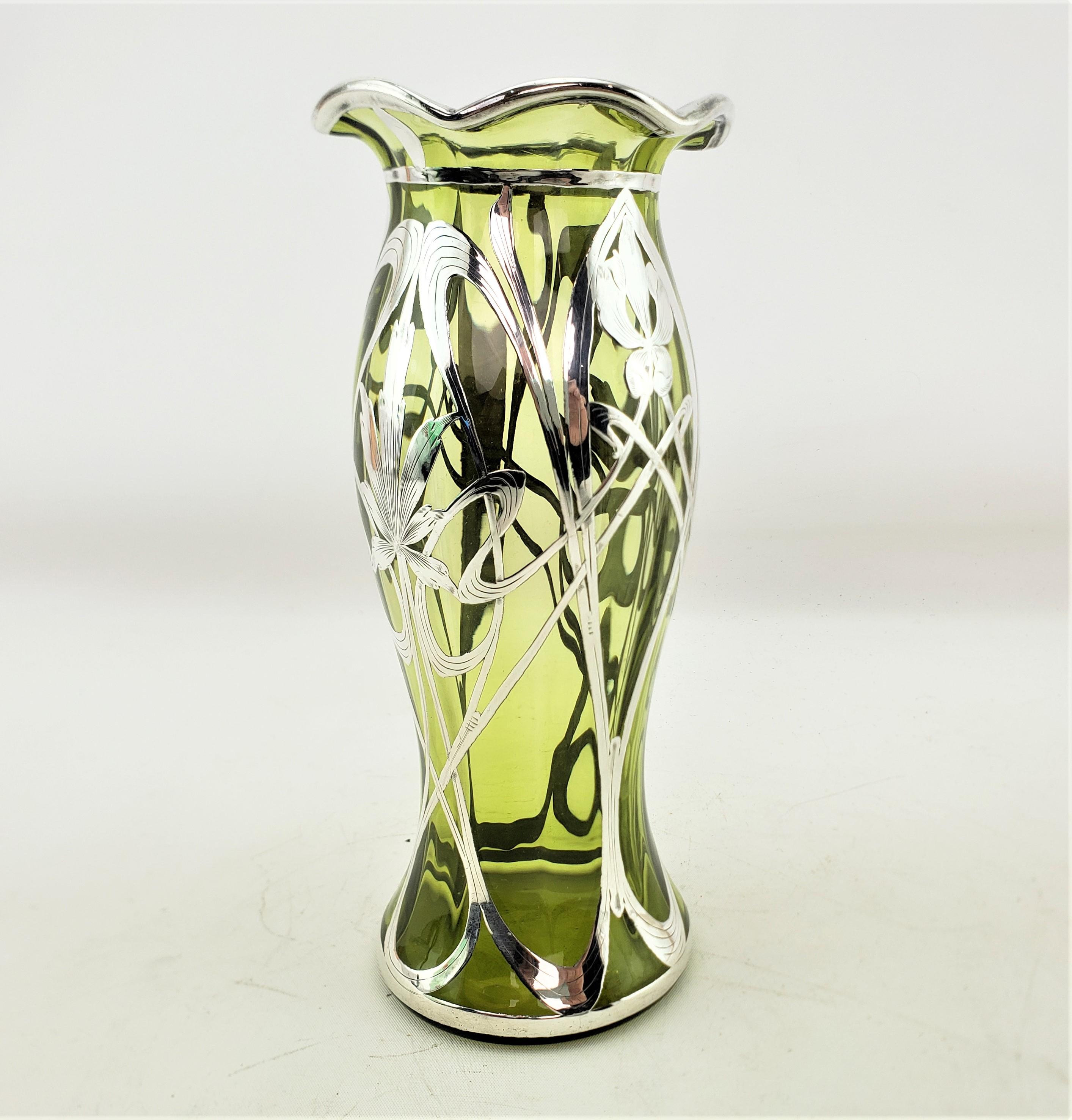 Hand-Crafted Antique Art Nouveau Sterling Silver Overlay Green Glass Vase with Floral Motif For Sale