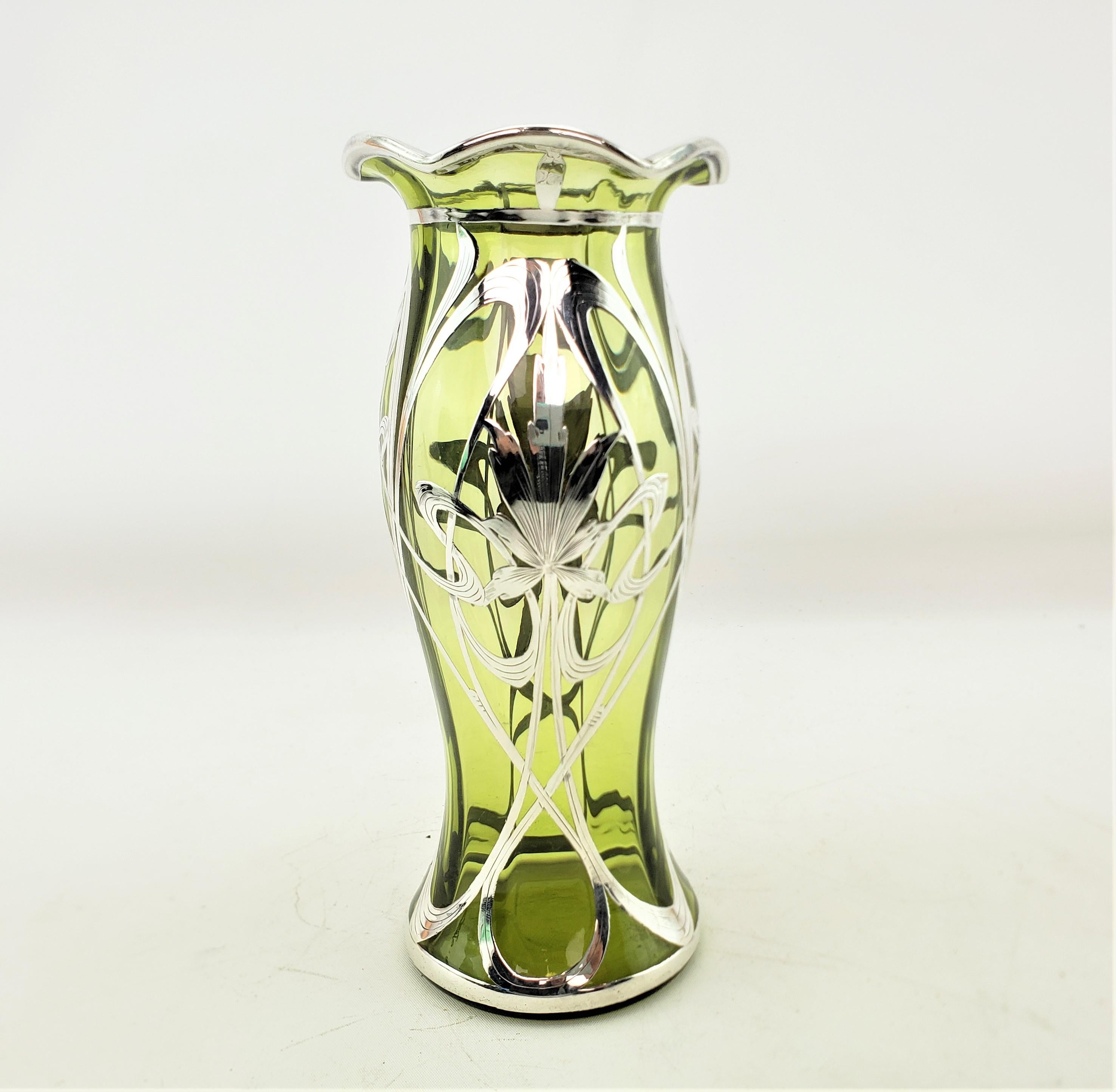 20th Century Antique Art Nouveau Sterling Silver Overlay Green Glass Vase with Floral Motif For Sale