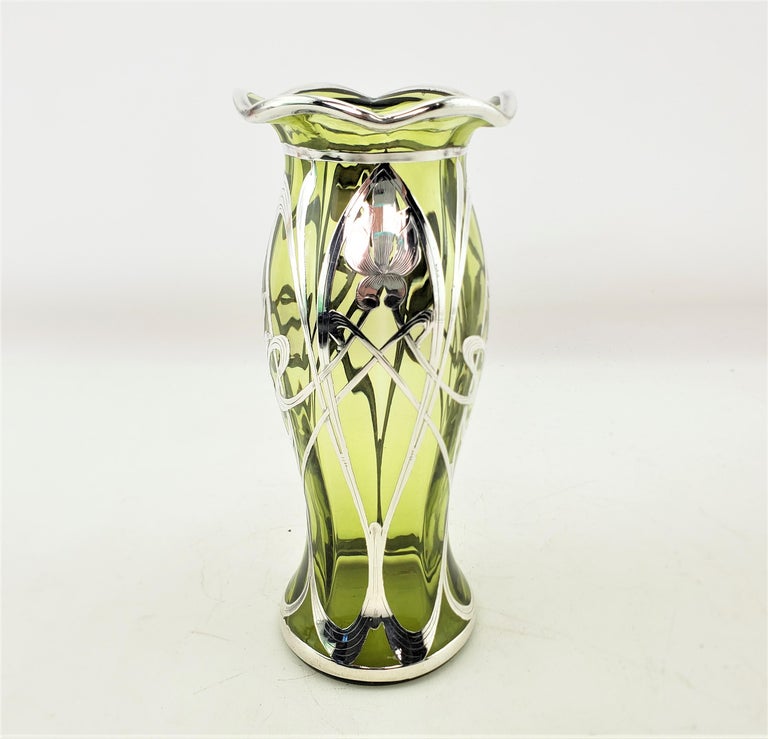Antique Art Nouveau Sterling Silver Overlay Green Glass Vase With Floral Motif For Sale At 1stdibs