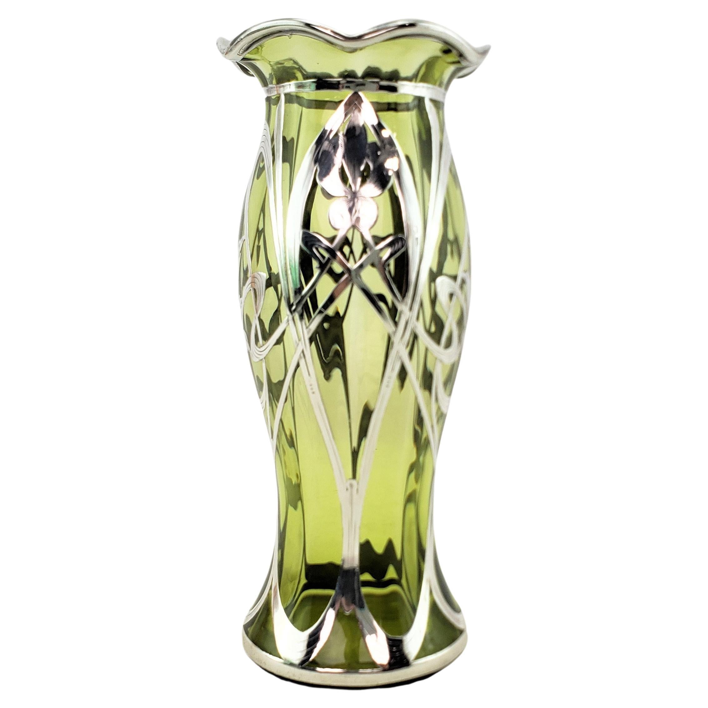 Antique Art Nouveau Sterling Silver Overlay Green Glass Vase with Floral Motif For Sale