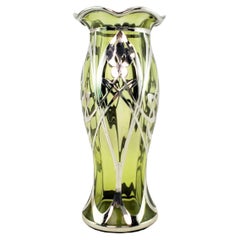 Antique Art Nouveau Sterling Silver Overlay Green Glass Vase with Floral Motif