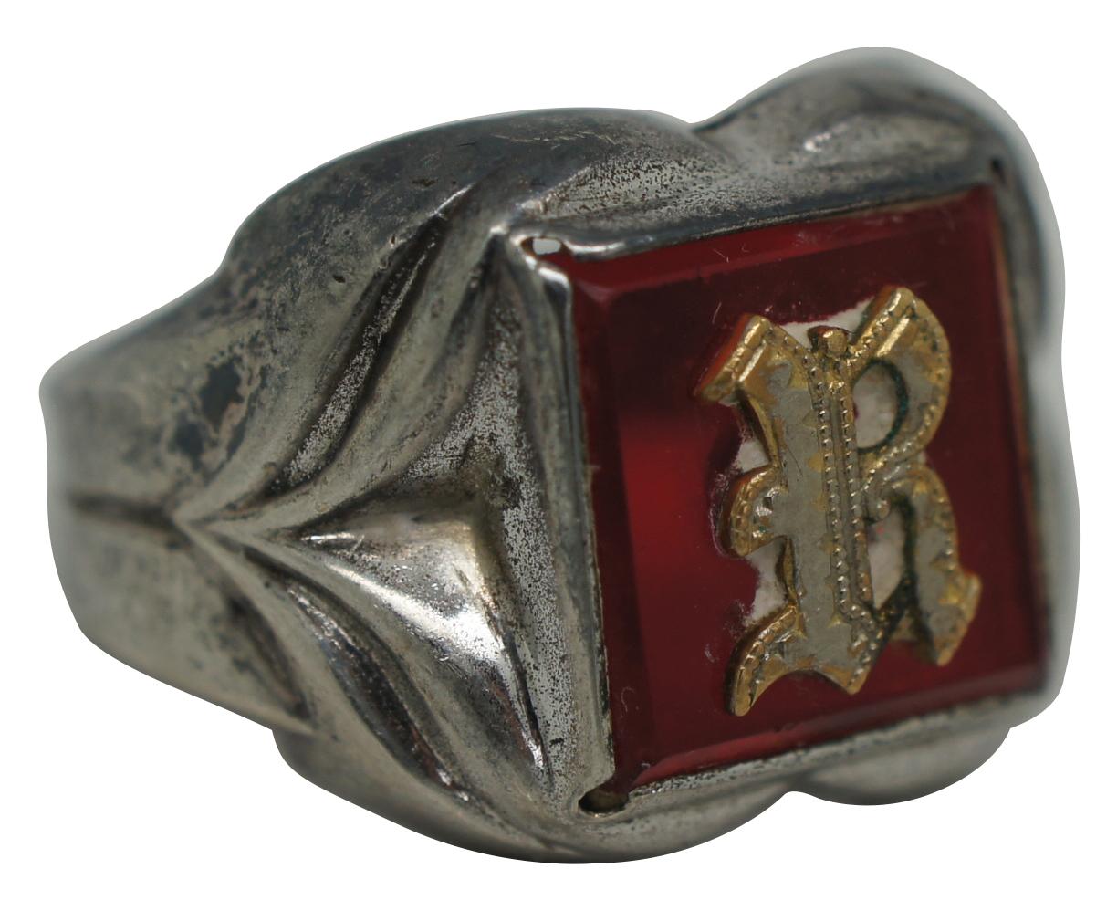 Antique Art Nouveau Sterling Silver Signet Ring Initial R Deco Red 7g In Good Condition In Dayton, OH