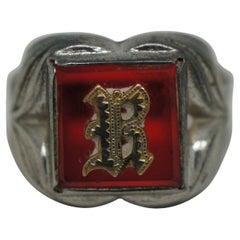 Antique Art Nouveau Sterling Silver Signet Ring Initial R Deco Red 7g