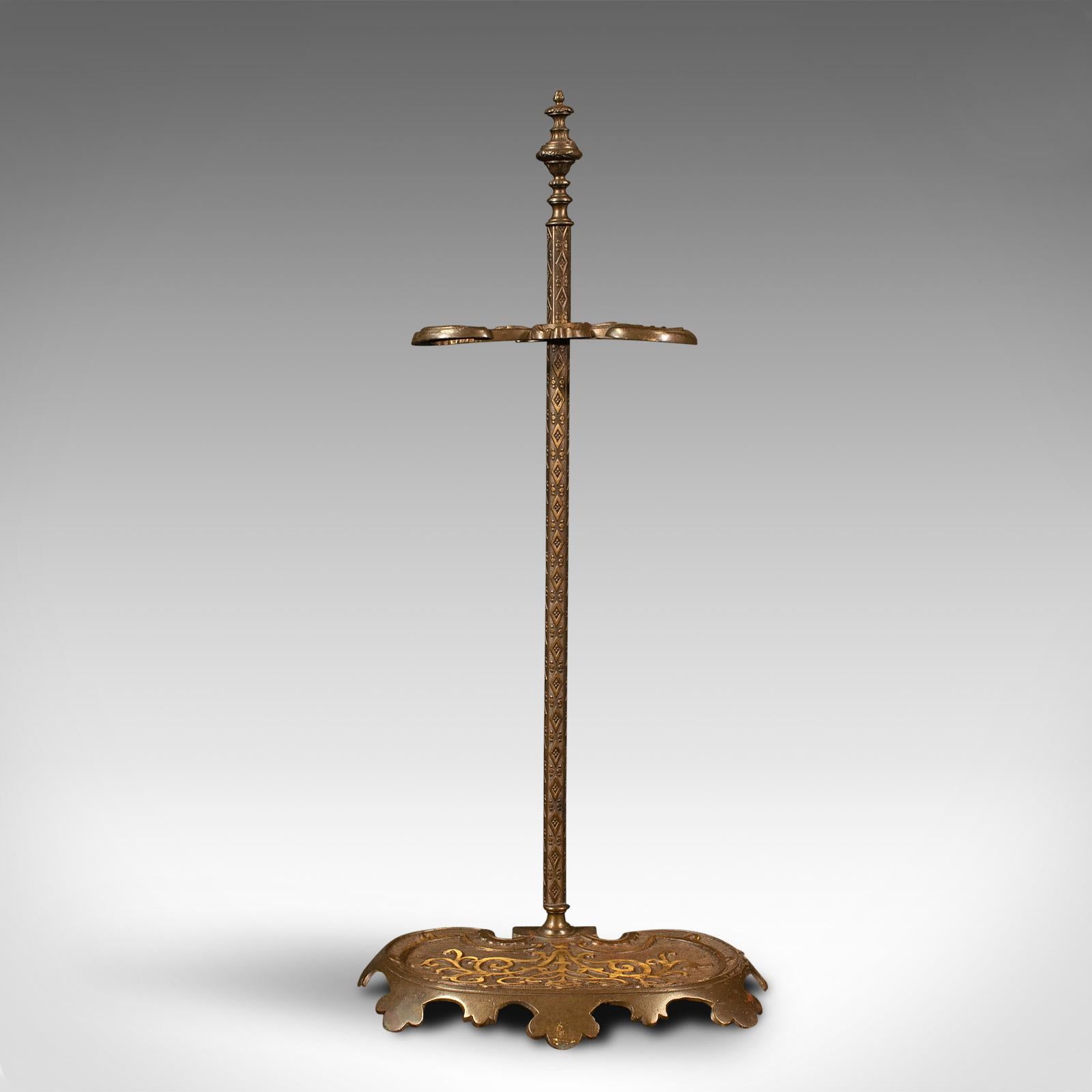 This is an antique Art Nouveau stick stand. An French, cast brass hallway umbrella rack, dating to the Victorian period, circa 1880.

Slender of form with delicate finish, sure to enhance your reception hall
Displays a desirable aged patina and