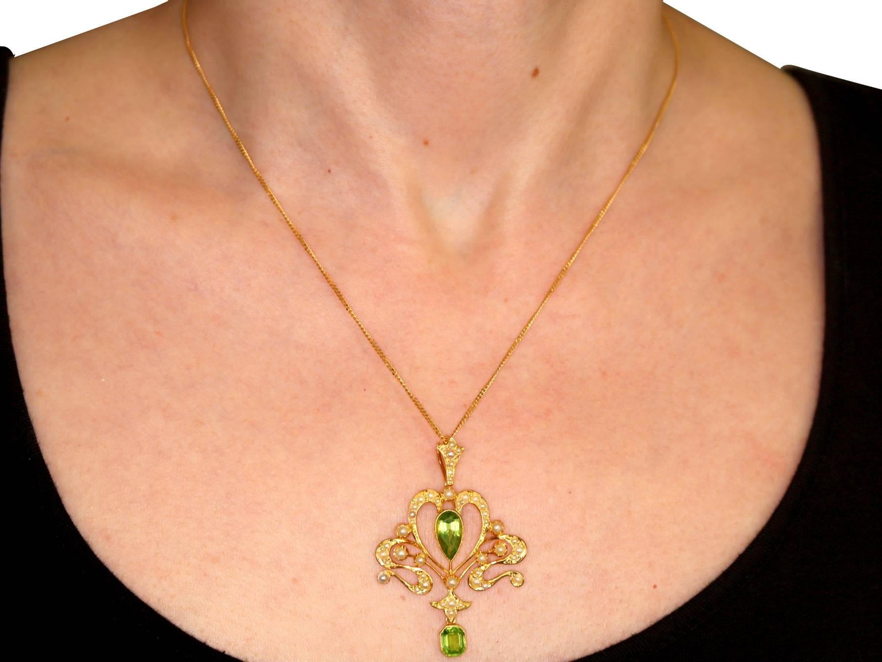 Antique Art Nouveau Style 2.32 Carat Peridot Seed Pearl 15 Karat Gold Pendant 8